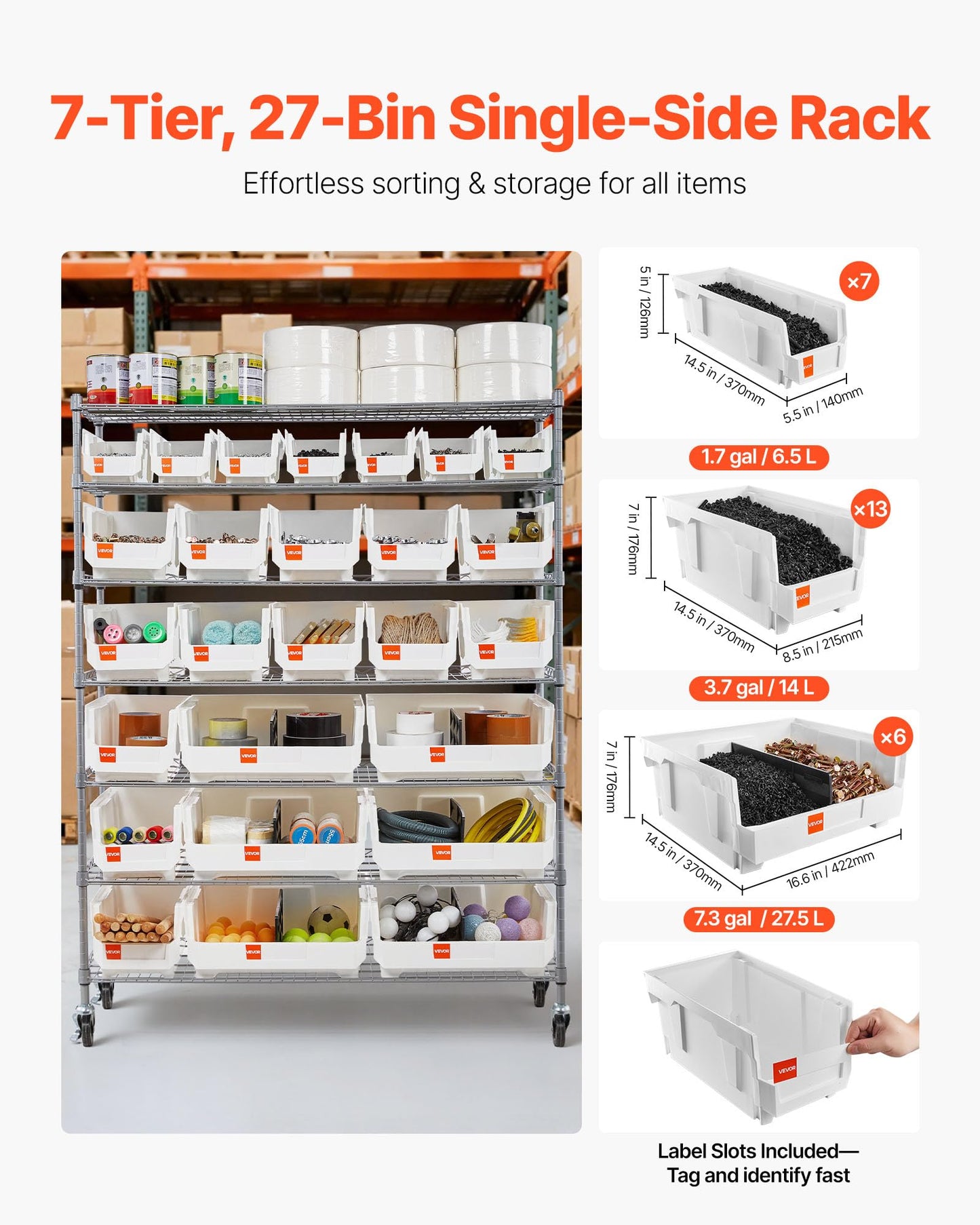 VEVOR 7-Tier Rolling Bin Storage Rack, 26 Organizer Bins, Bin Rack Storage Steel Wire Shelving System with Wheels, Mobile Tool Organizer for Garage, Warehouse, Office, Restaurant, Classroom, Kitchen
