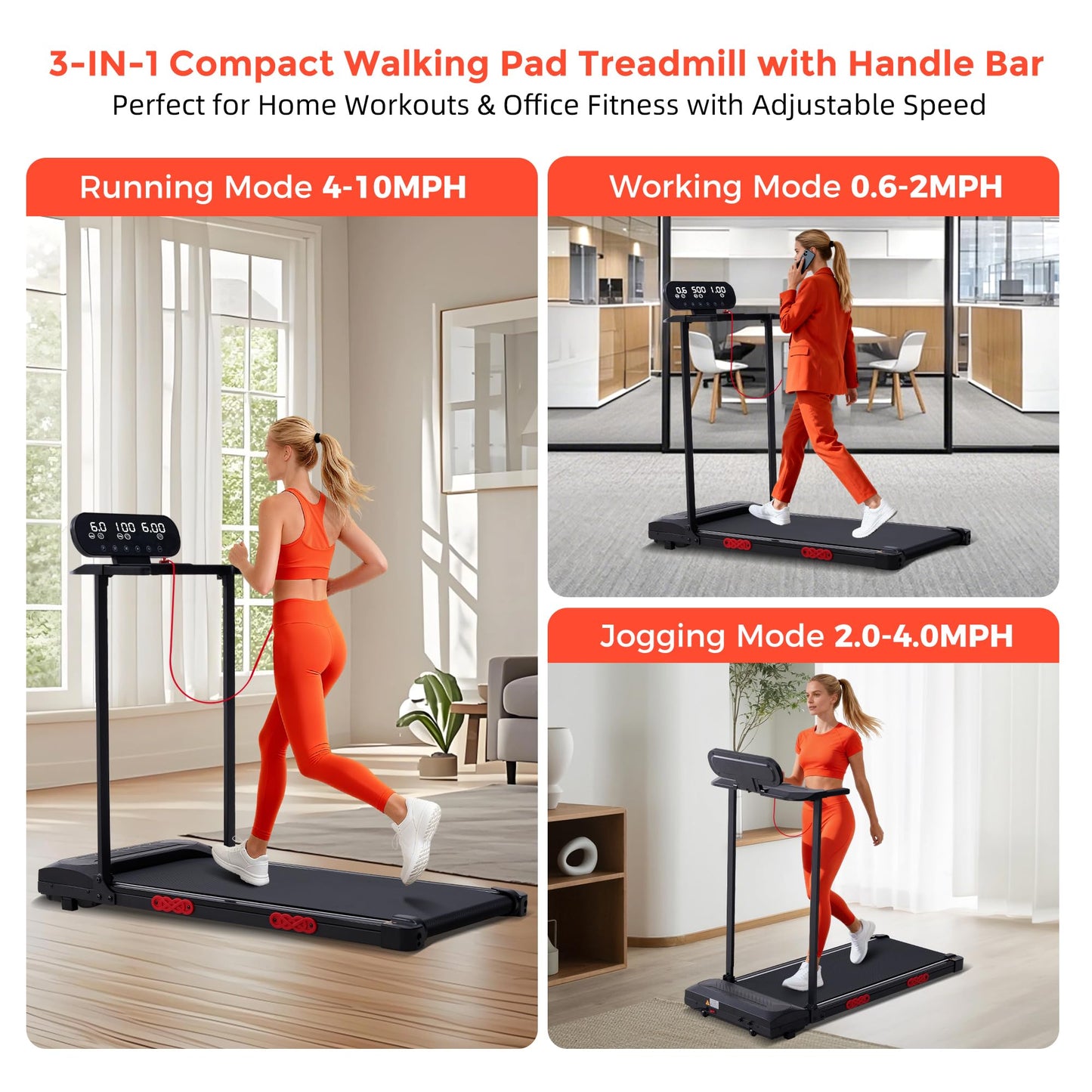 Electric Walking Pad with Handle Bar, 3.5HP Compact Walking Pads Treadmill with Handles, 0.6-10.0MPH Portable Small Treadmills for Home Office Apartment Small Spaces, 400LBS with Big Screen