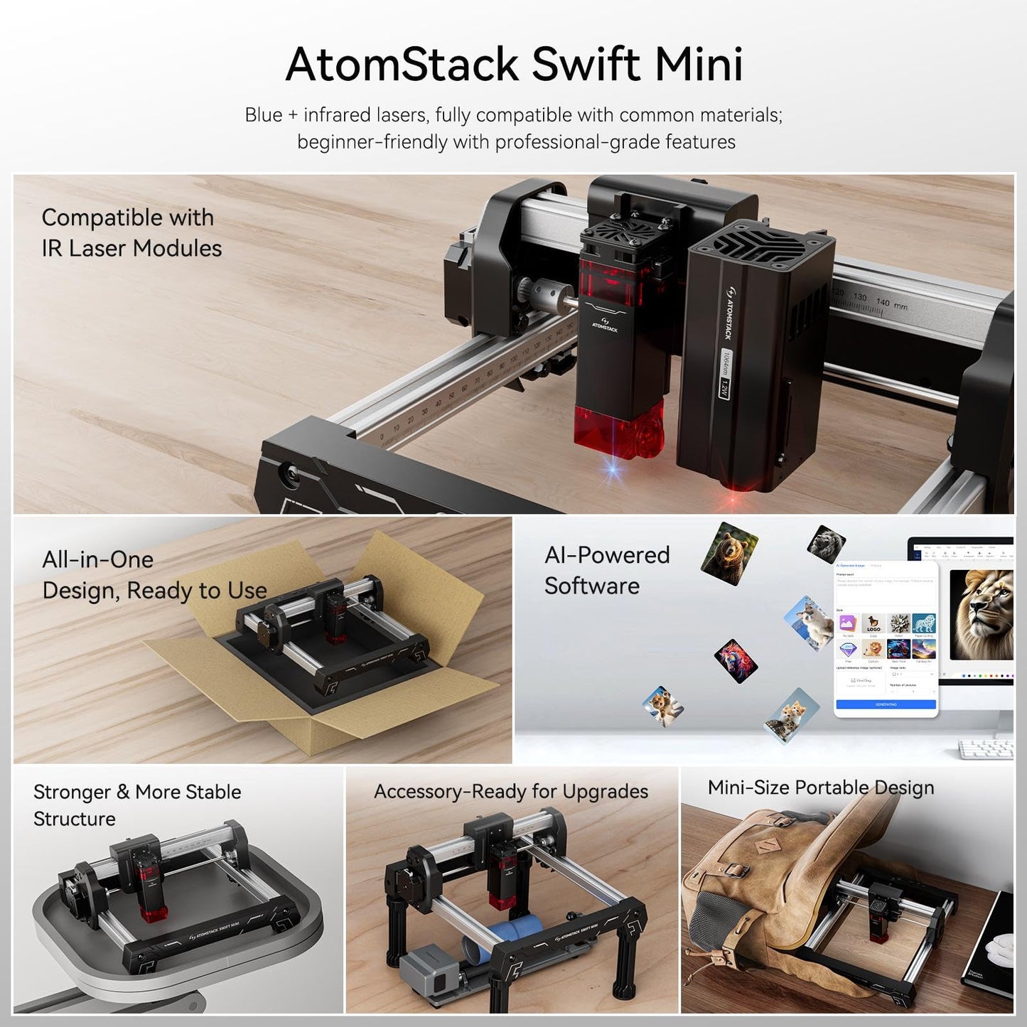ATOMSTACK Swift Laser Engraver 3W for Beginners Swift Laser Cutter Machine Desktop Fully Pre-Assembled 135×145mm Area, 0.04mm High Precision DIY Wood, Leather, Crafts, Acrylic, Gifts, 3000mW