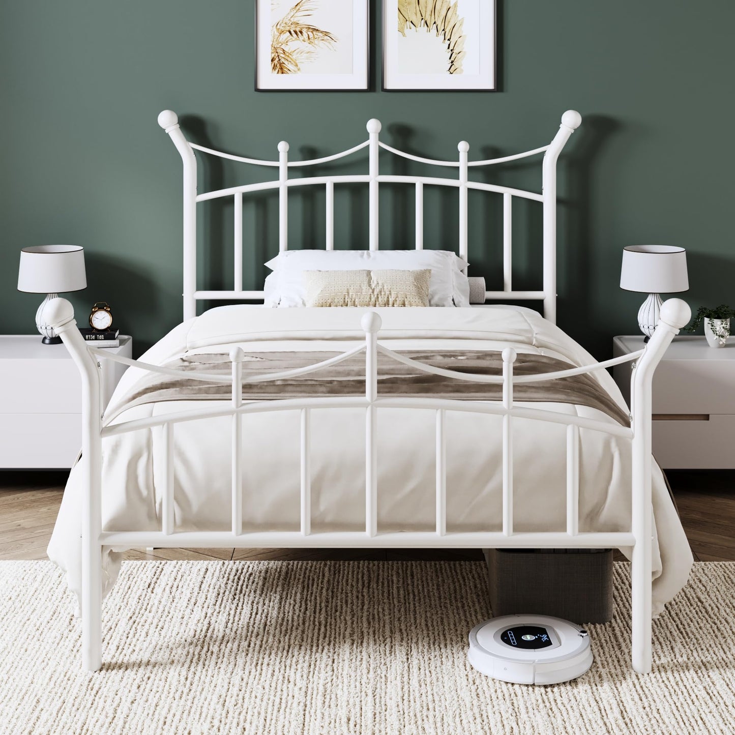 Allewie 14 Inches Twin Size Metal Platform Bed Frame with Elegant Crown Iron-Art Headboard & Footboard, Sturdy Mattress Foundation with Under-Bed Storage, Easy Assembly, No Box Spring Needed, White