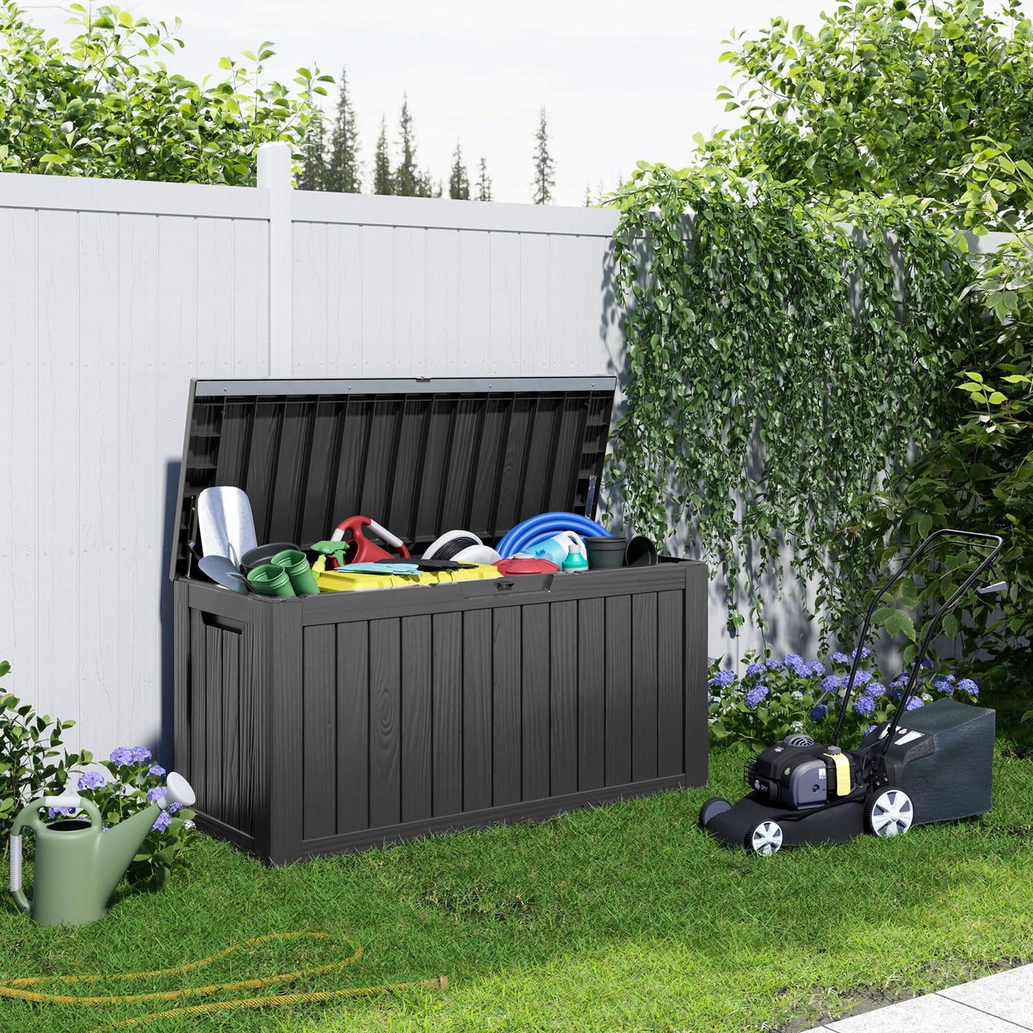 PatioZen 90 Gallon Resin Deck Box, Lockable Patio Outdoor Storage Box for Furniture, Garden Tools and Tools Storage, Waterproof Outside Storage Box - Black