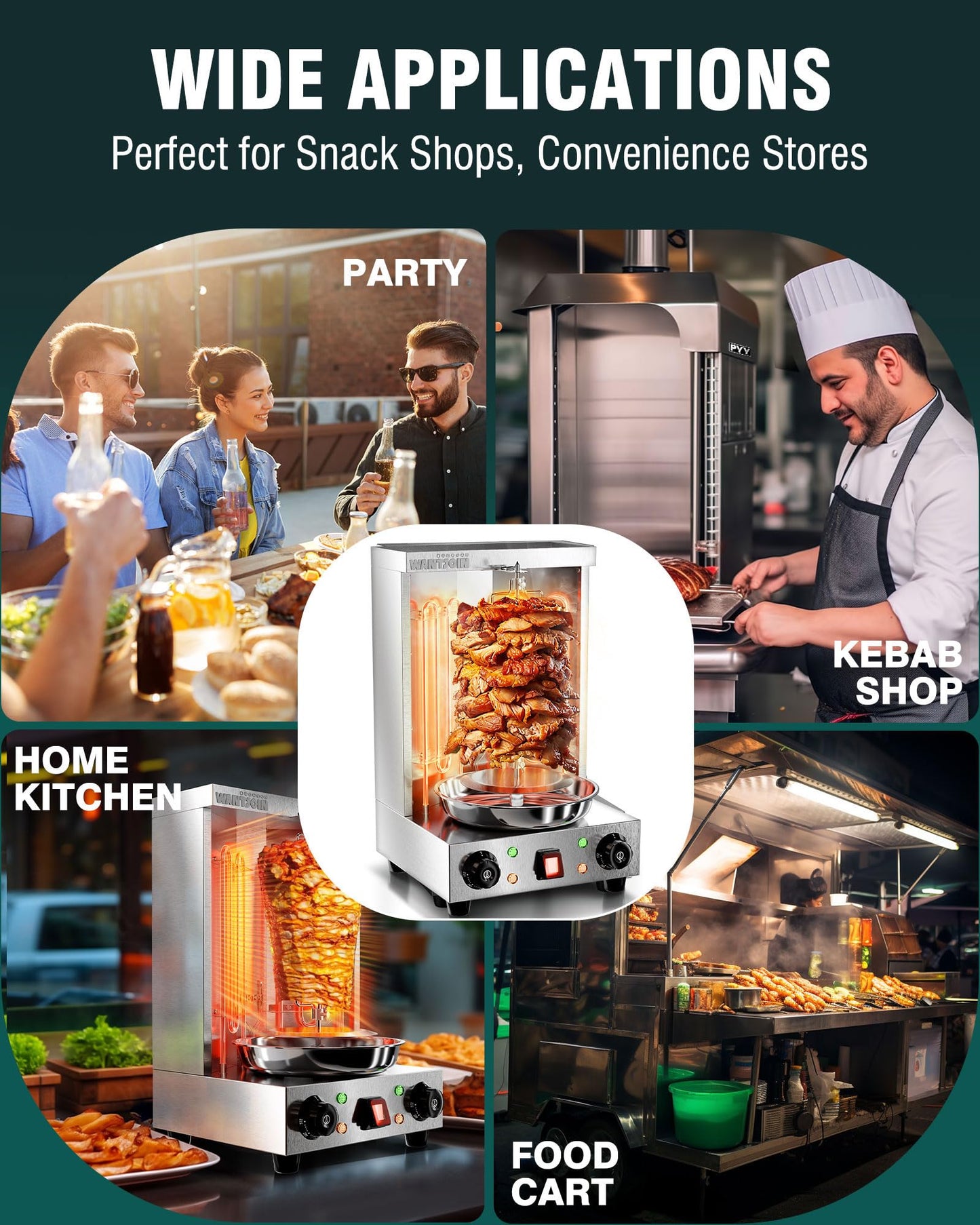 WantJoin Shawarma Grill Machine - 22 lbs Electric Vertical Rotisserie with 2 Burners and Shovel for Home, Stainless Steel Rotating Doner Kebab 122°F to 572°F Temp For Chicken, Beef, Gyro Meat, 2520W