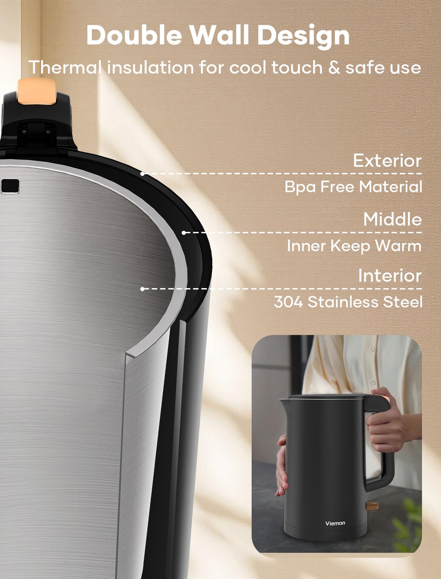 Electric Kettle, 1.7L Double Wall Stainless Steel Cool Touch, Water Boiler & Heater, 1500W Hot Tea Pot, Auto Shut-Off & Boil Dry Protection, BPA-Free, Cordless Base & LED Indicator, Black