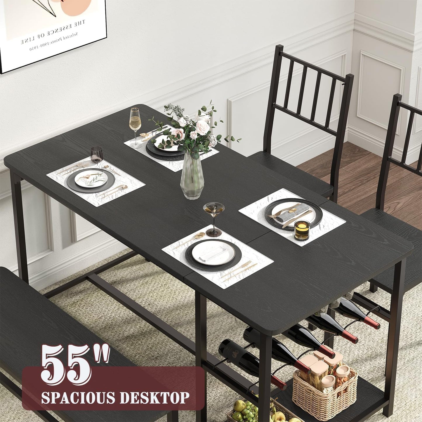 4 EVER WINNER Dining Table Set for 4, 55" Small Kitchen Table with Wine Rack & Wine Glasses Holder, Dining Room Table Set with 2 Chairs and Bench for Small Space, Black