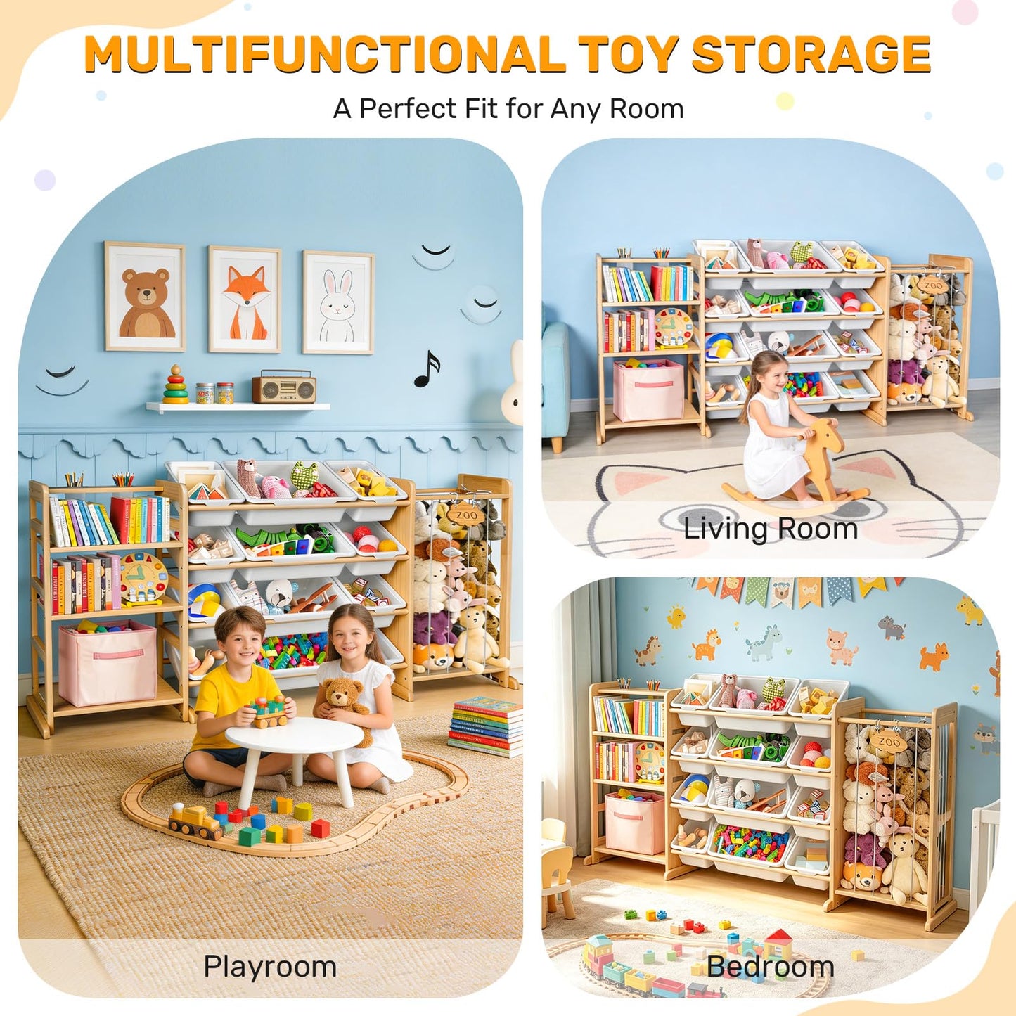 Yazzropt 65" Large Toy Storage Organizer with Bins Shelves & Stuffed Animal Storage for Kids Wood Toddler Playroom Organization with Bookshelf Toys Box Wooden Organizers for Kids Room Nursery Bedroom