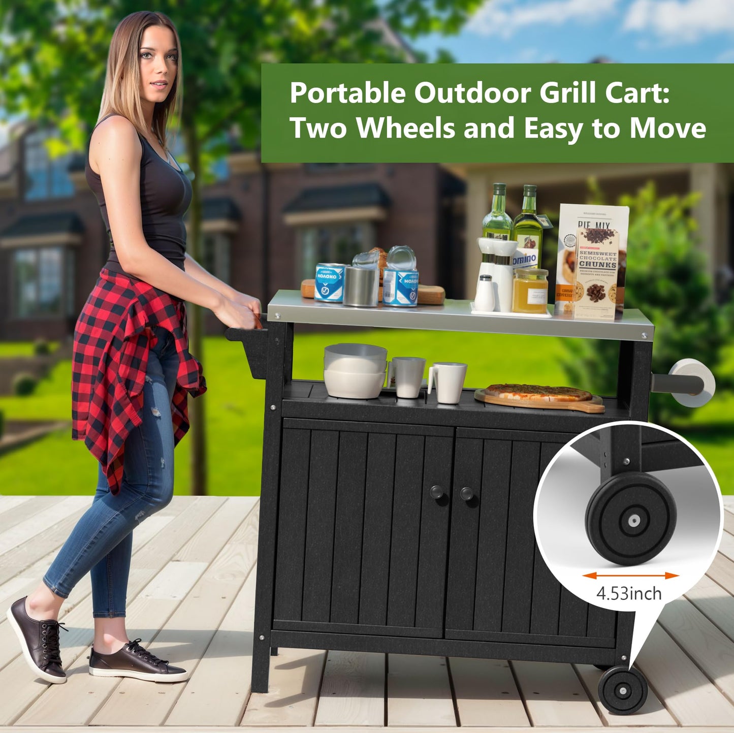 TORVA Portable Outdoor Grill Prep Table with Storage, Waterproof Outdoor Grill Cabinet, Stainless-Steel Tabletop Outdoor Kitchen Island, BBQ Cart with Wheels, Hooks and Side Shelf | Black
