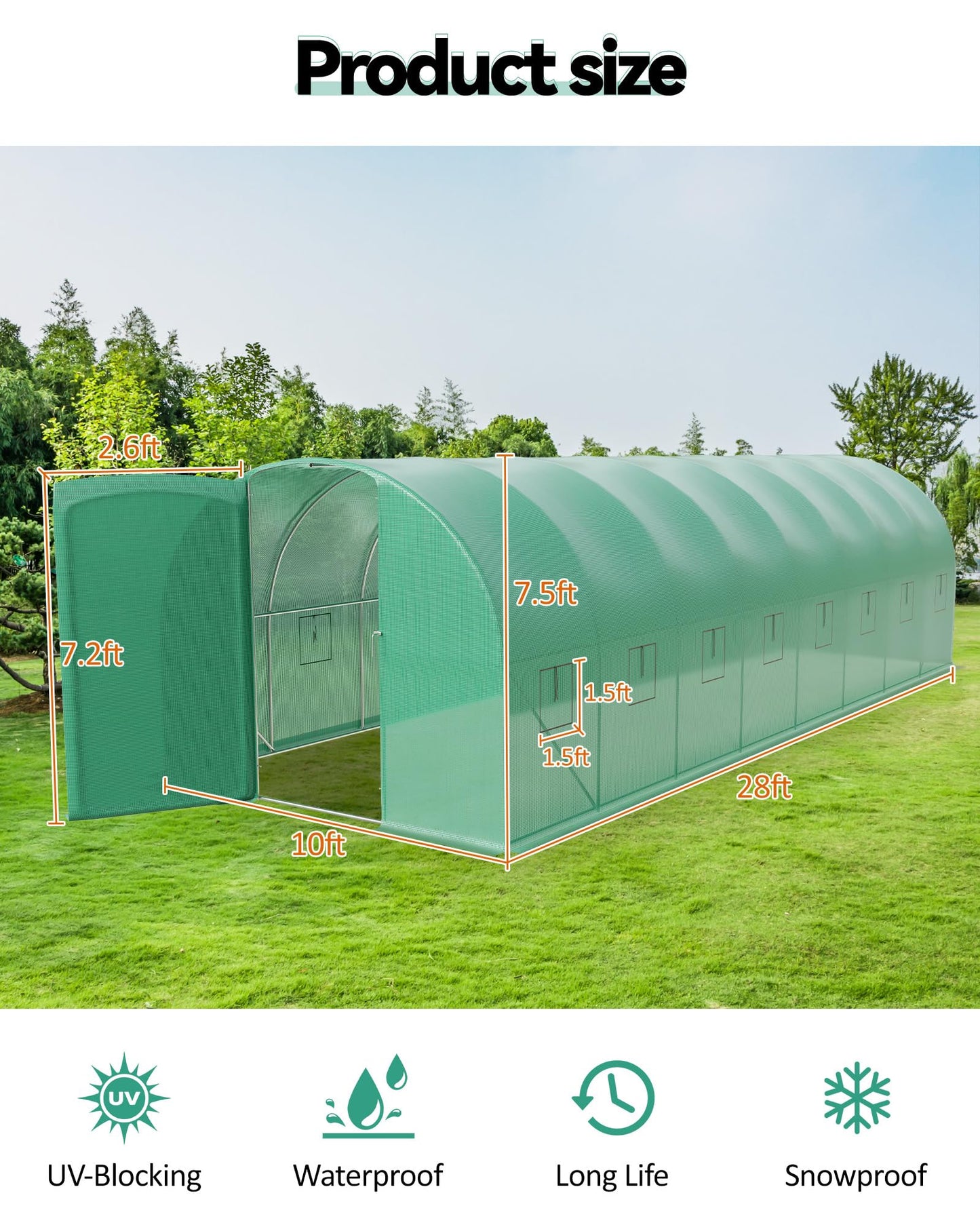 Large 27x10x7 FT Outdoor Walk-in Greenhouse with Swing Door, 16 Mesh Windows, Heavy-Duty Galvanized Steel Frame and Thick PE Cover, Green Garden Plant House for Backyard Gardening
