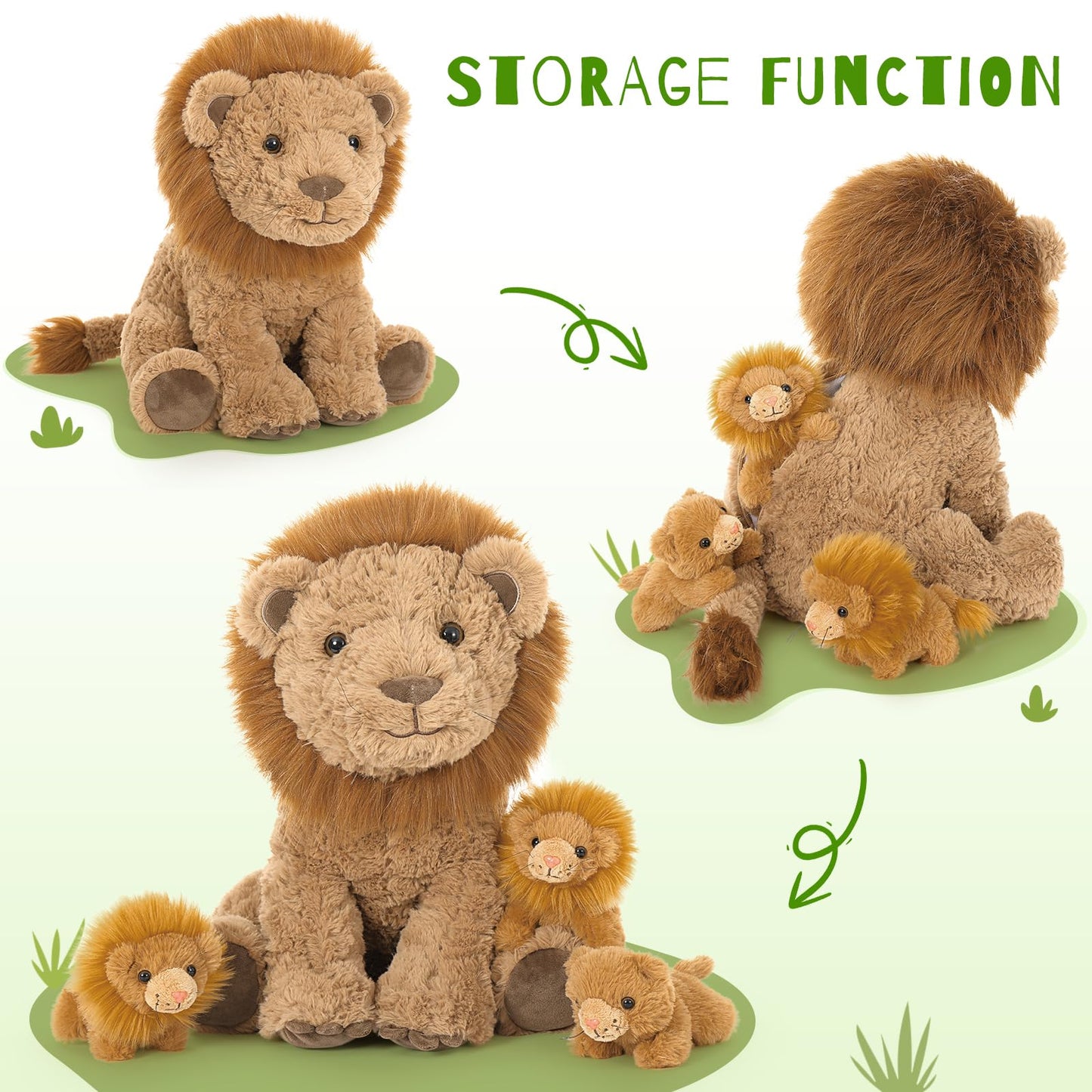 Karister Lion Plush Toy, 17.7" Mother Lion Stuffed Animal with 3 Cute Baby Lions, 4Pcs Wild Animal Stuffed Toy for Kids Boys Girls, Safari Animal Plushies Gift for Christmas Birthday, Brown