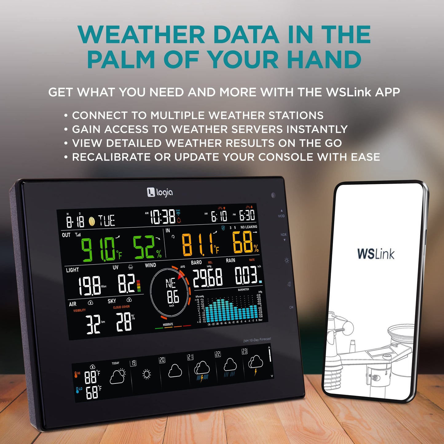 Logia 7-in-1 Wi-Fi Wireless Weather Station with 10-Day / 24 Hour Forecast, Solar & Large 8" Color Display | Measures Wind Speed/Direction, Rainfall, UV Index, Light Intensity, Temperature & Humidity