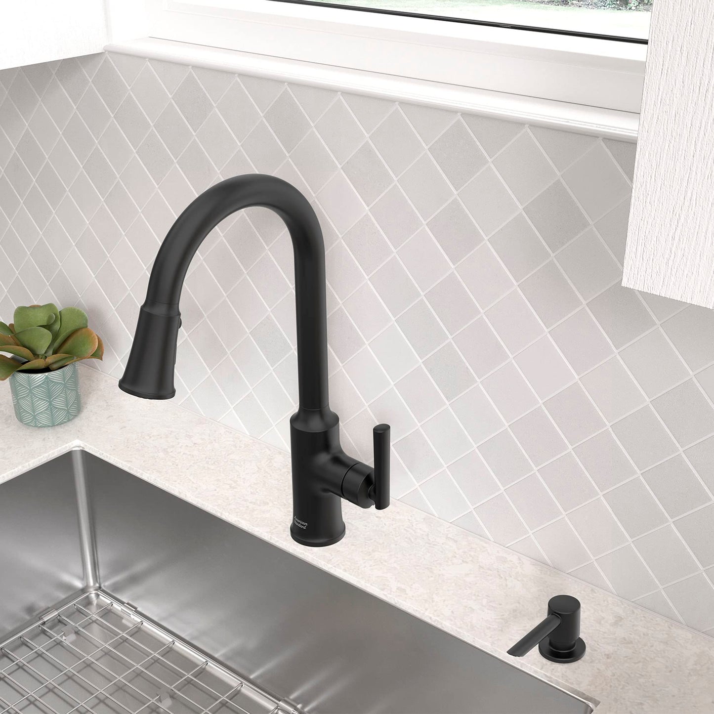 American Standard 7421300.243 Raviv Pull-Down Kitchen Faucet with Sprayer and Soap Dispenser Matte Black