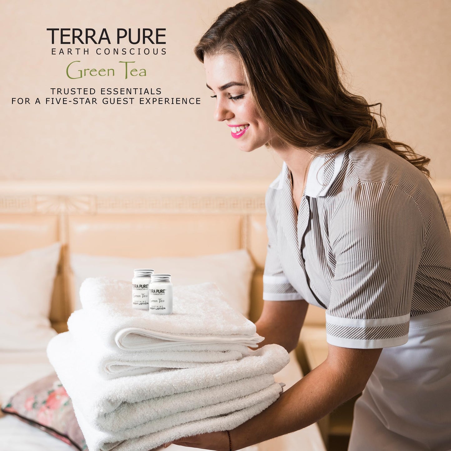 Terra Pure Travel Size Hotel Body Lotion 300 Count 1 oz Bottles Guest Amenities for Hotels Vacation Rentals and Short Term Rentals Paraben Free Green Tea Scent Infused with Aloe and Olive Oil