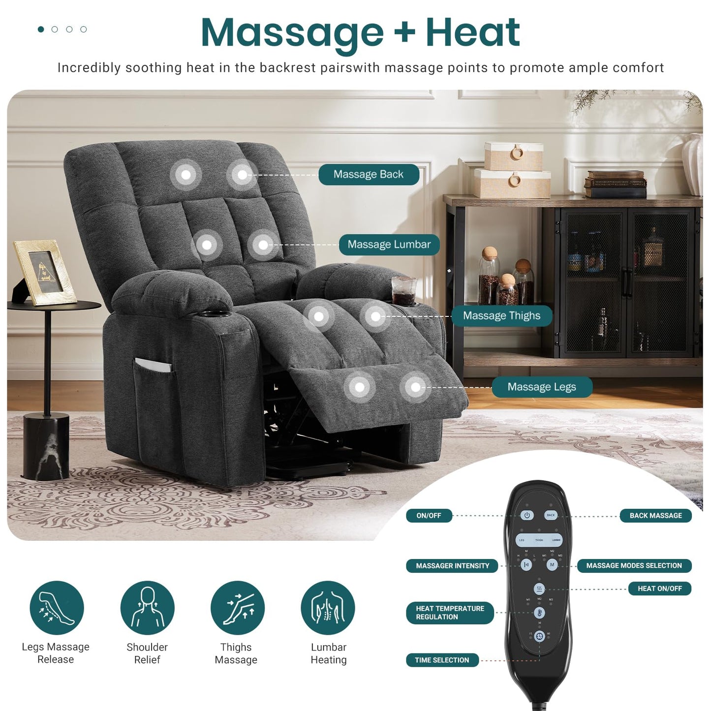 DUMOS Power Lift Recliner Chair with Vibration Massage and Heat for Elderly, Ergonomic Overstuffed Breathable Fabric Reclining Chair with 3 Pockets, Remote Control, Living Room, Bedroom, Grey