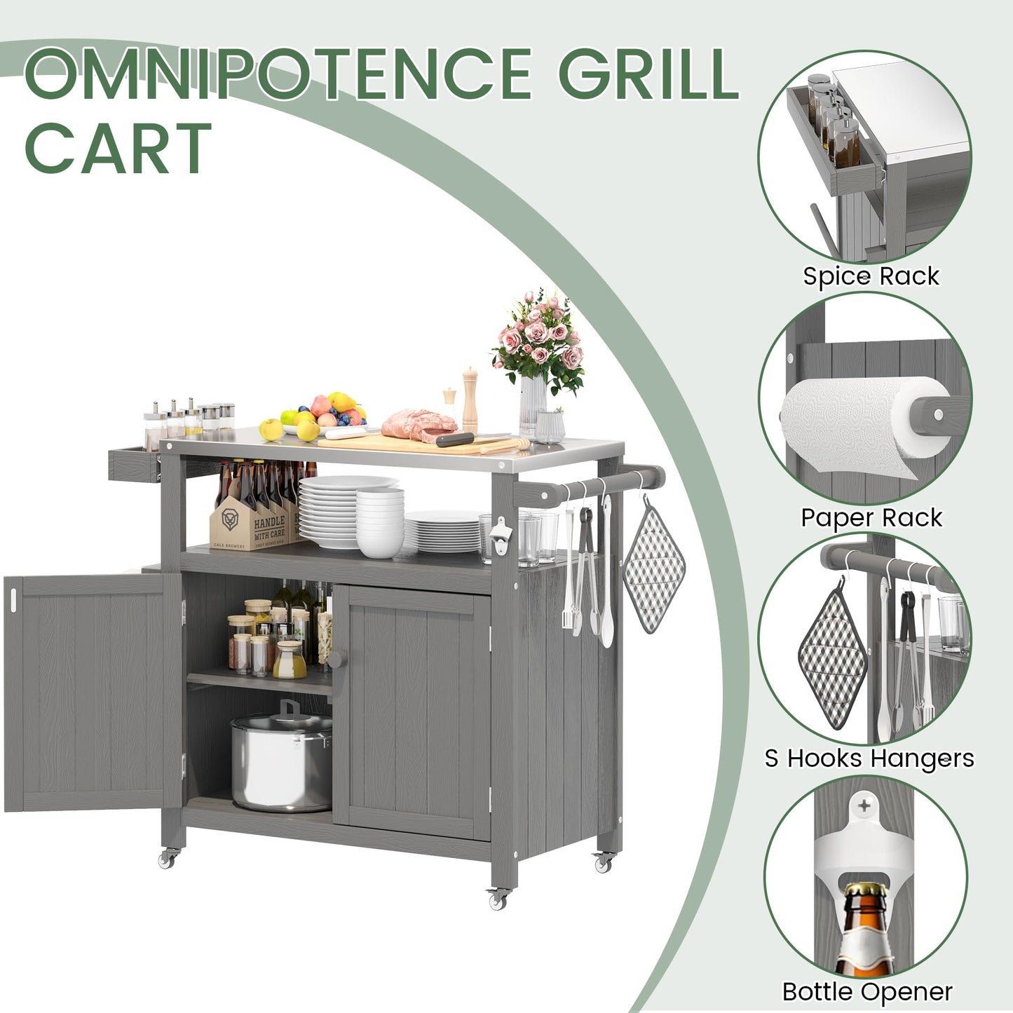 Sunnibety Weatherproof HIPS Outdoor Kitchen Island with Stainless Steel Top & Storage Cabinet, Movable Prep Table with Wheels for BBQ Food Prep, Outdoor Grill Cart for Parties, Grey