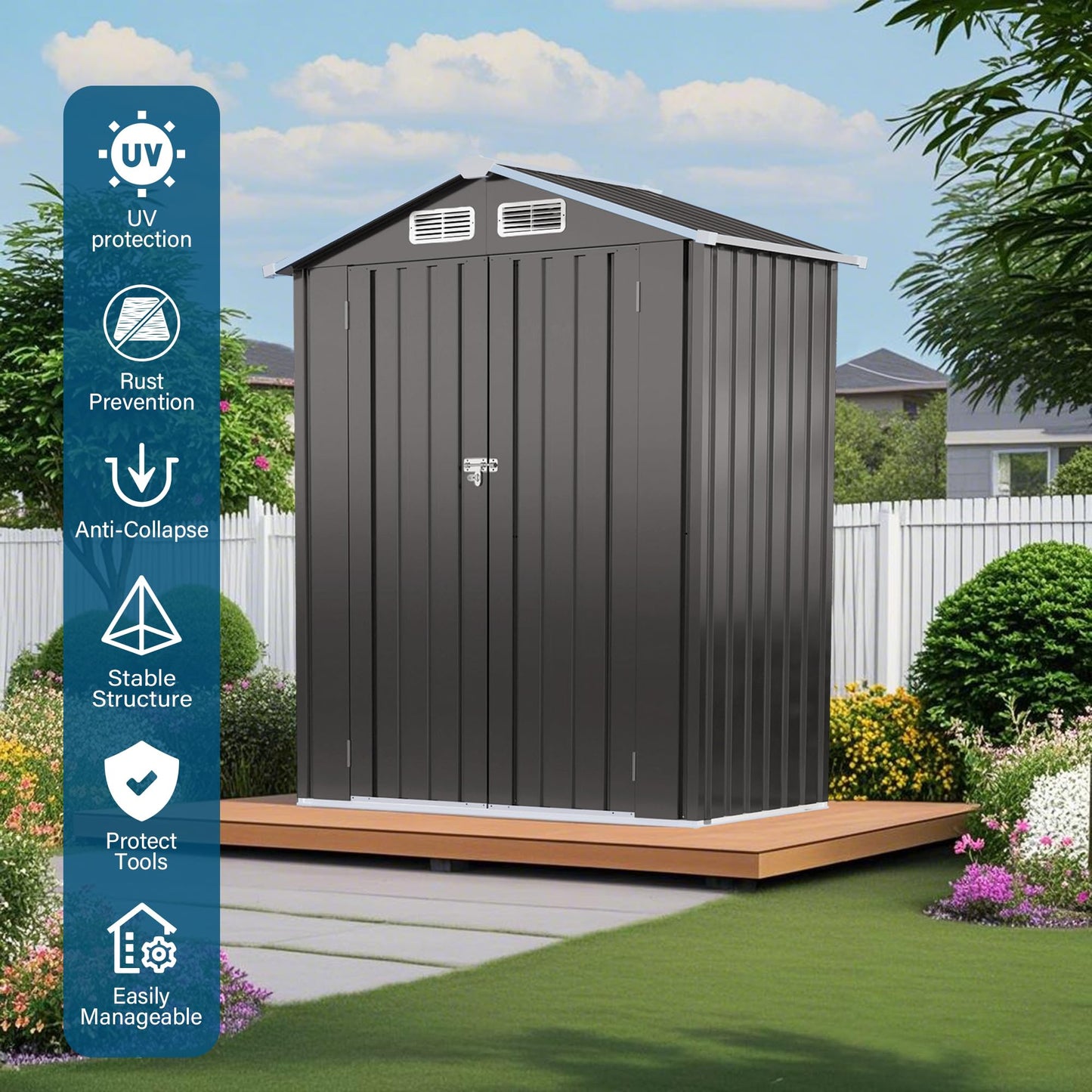 Caroluck 5x3 FT Metal Outdoor Storage Shed All-Weather Tool Shed with Peaked Waterproof Roof Lockable Door for Garden, Patio, Backyard & Lawn Organization, Gray