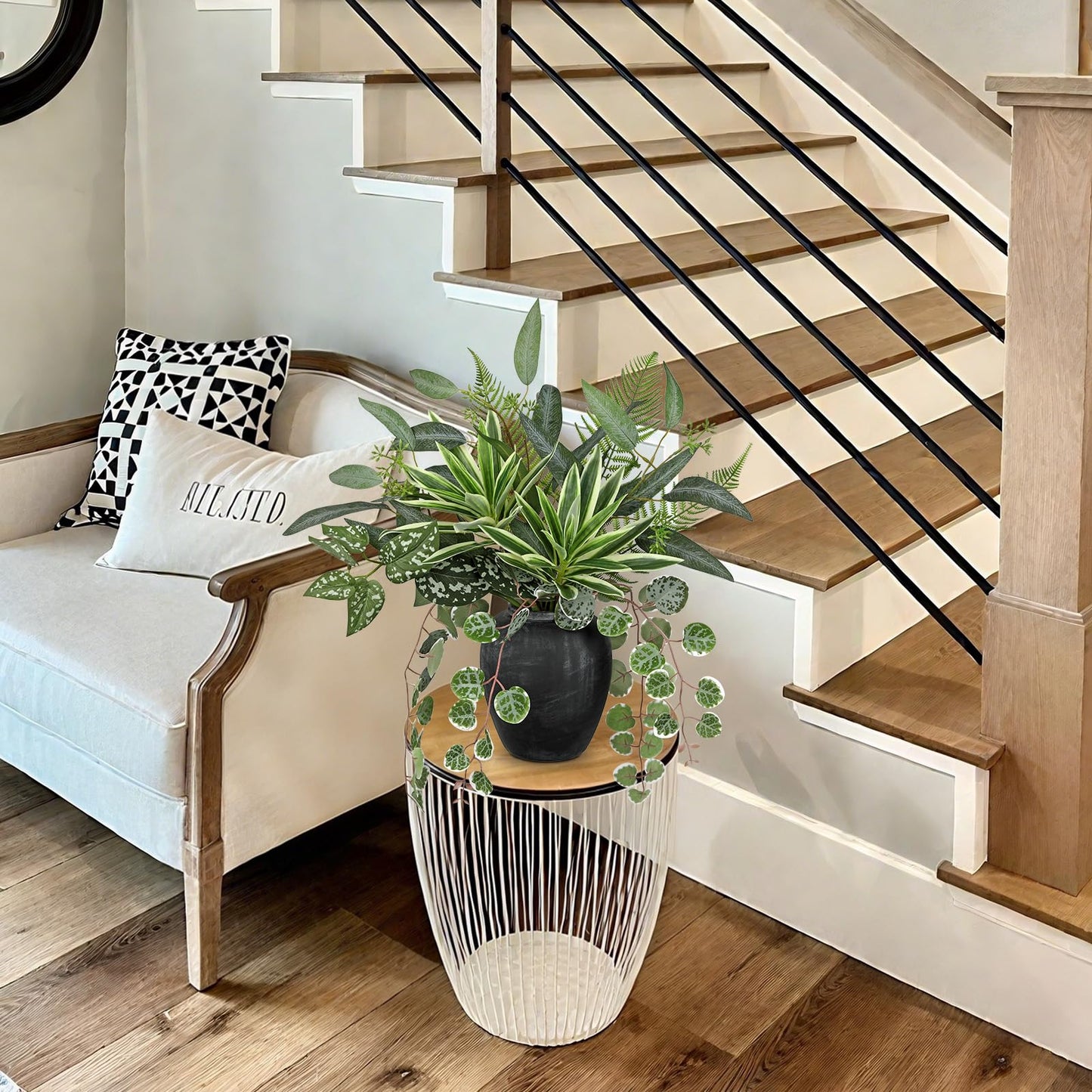 Artificial Greenery Arrangement with Cement Vase, Fake Potted Plants in Rustic Jug Planter, Faux Leaf Bouquet for Table Centerpiece, Farmhouse Home Decor, Dining Room, Living Room, Shelf Decoration