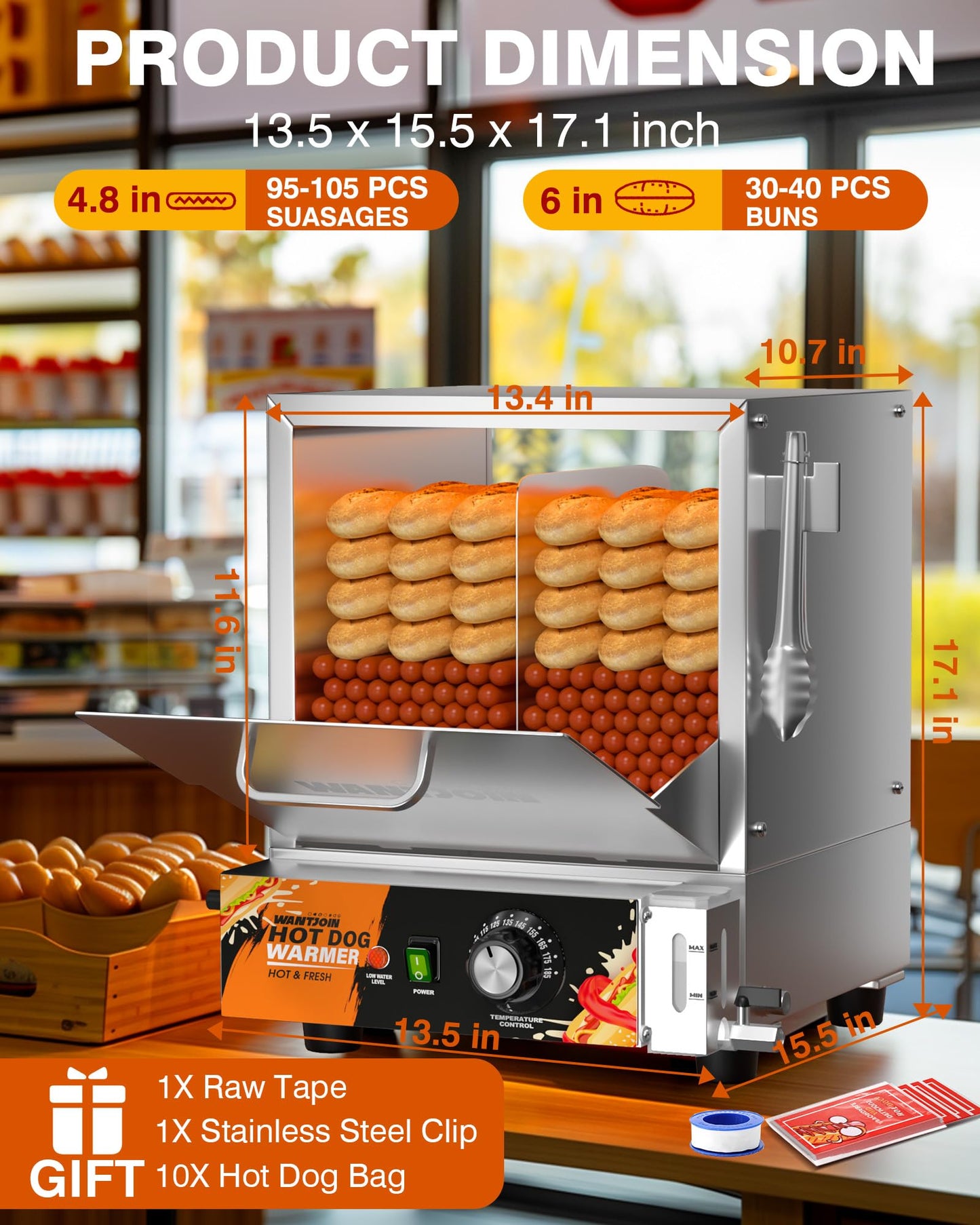 WantJoin Commercial Hot Dog Steamer - 28.8QT Stainless Steel Electric Hotdog Steamer Machine with Bun Warmer, Tempered Glass Steamer Machine for 95-105 Sausages & 30-40 Buns