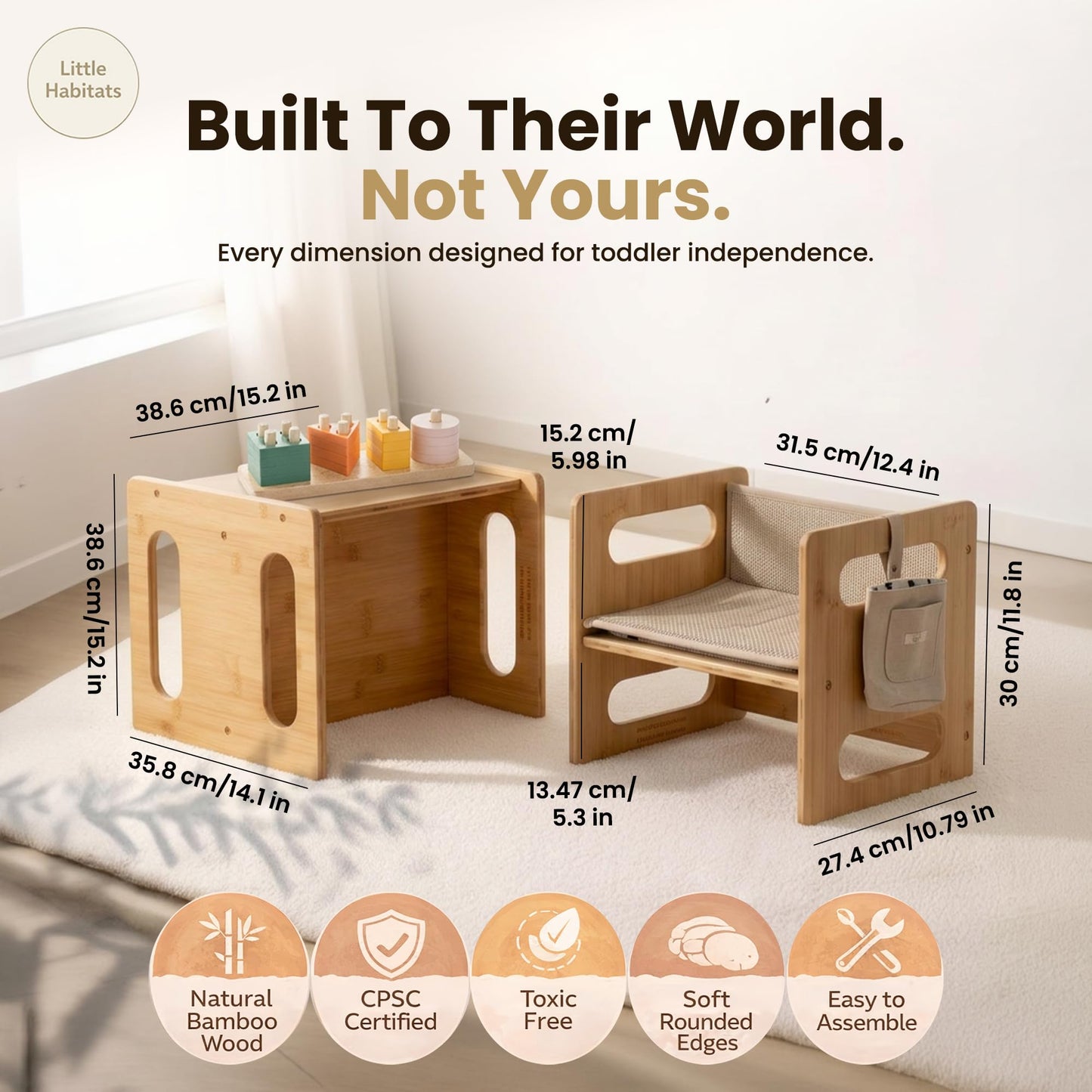Little Habitats Montessori Weaning Table & Chair Set – Kids Desk & Activity Table with Flip Chair, Removable Cushion, Hanging Pouch & Toy, Convertible, Indoor/Outdoor Toddler Dining, Play & Learning