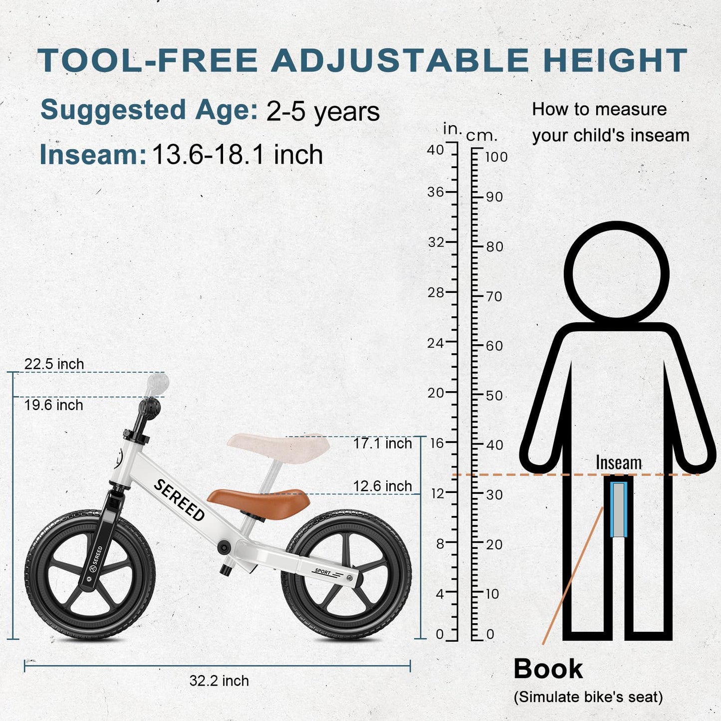 SEREED Toddler Balance Bike 2 Year Old, No Pedal Kids Toy Bike for 2-5 Years Old, Tool-Free Adjustment, Gift for 2-3 Boys Girls, Customize Plate with 3pcs Stickers (White)