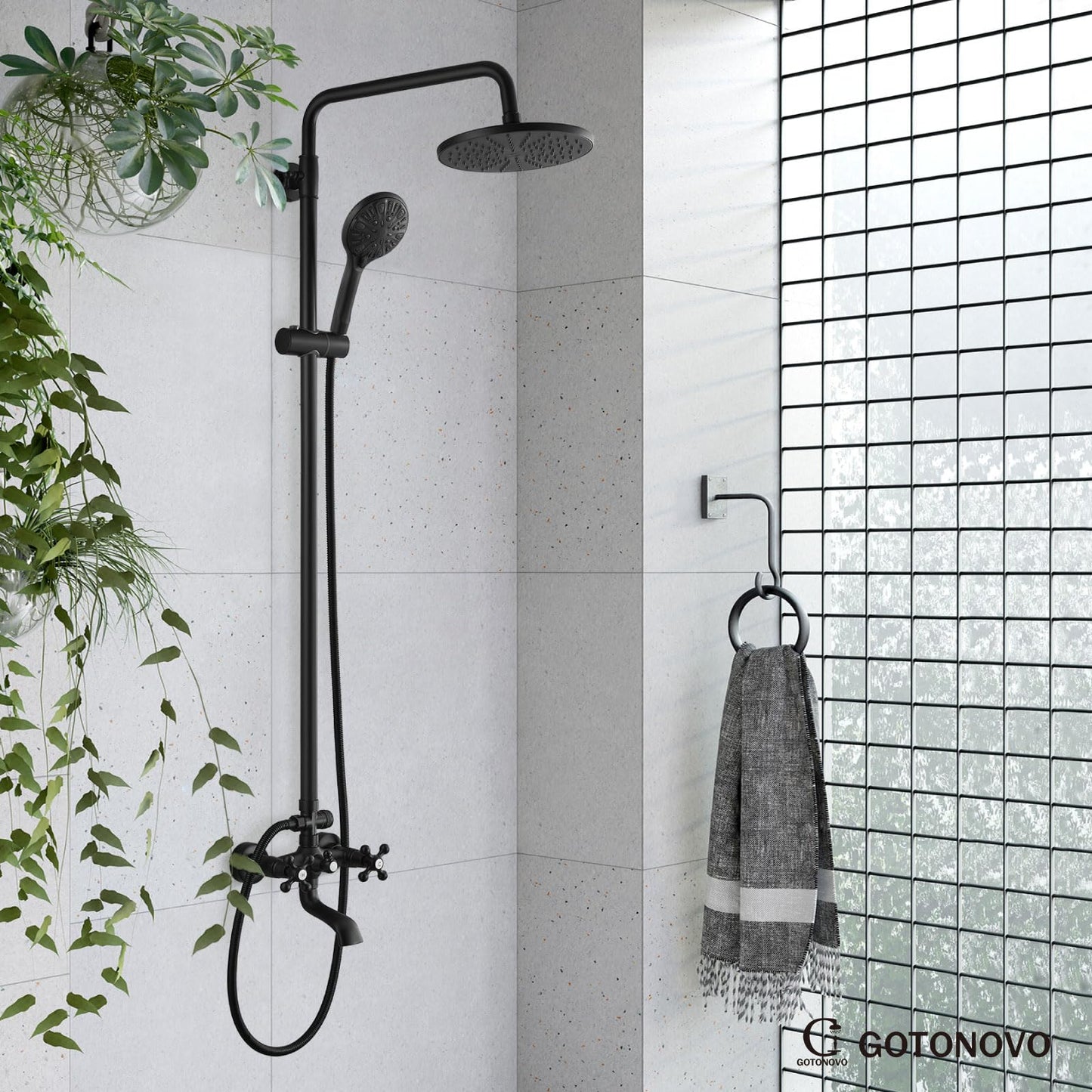 gotonovo Exposed Shower Faucet Set 8 Inch Rainfall Showerhead 3-Function Shower Fixture with Tub Spout 2 Corss Handles Shower System, Matte Black