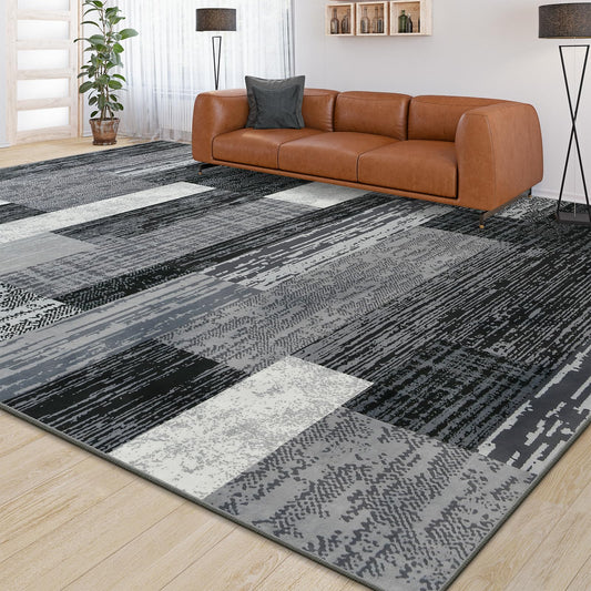 Large Area Rugs,Modern Geometric Patchwork Floor Decor for Bedroom Aesthetic Carpet, Rockwood Collection, Indoor Rugs for Living Room, Dining Room, Nursery, Office, Machine Washable Rug,6x9 Ft Grey