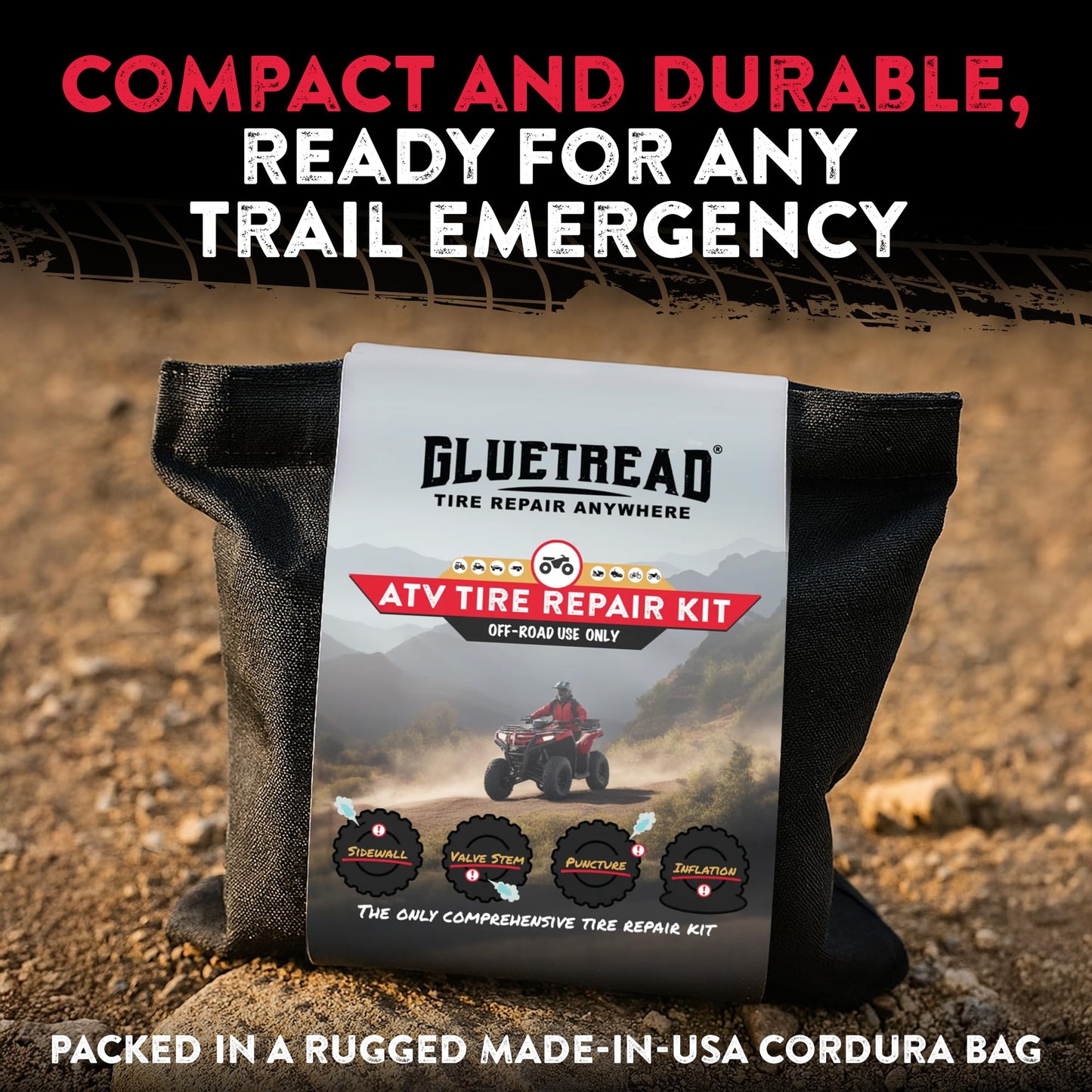 GlueTread ATV Tire Repair Kit Complete Off-Road Tire Patch Kit - Includes Glue Tread Sidewall Repair Patches, Colby Emergency Valve, Plug Kits (12 Plugs), T Handles and 4 CO2 Cartridges - Heavy Duty