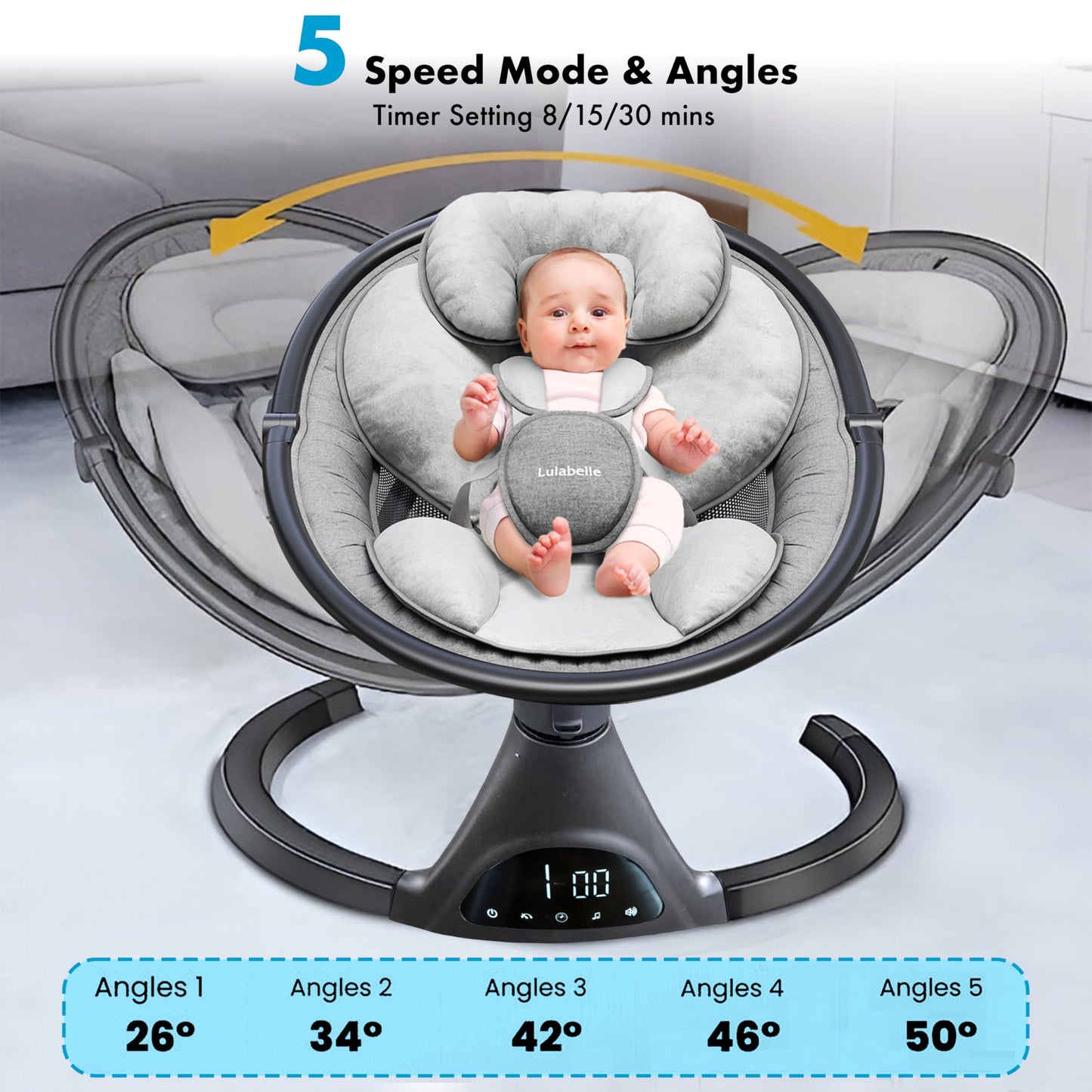 Lulabelle Baby Swings for Infants, 3-in-1 Infant Swing, 5 Sway Speeds | 10 Preset Lullabies & Bluetooth, Portable Newborn Swing for Home or Travel | Electric Baby Swing with Adjustable Height