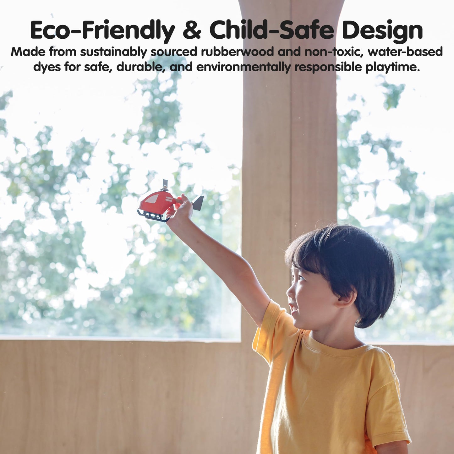 PlanToys® Wooden Helicopter Toy | Montessori Imaginative Play, Cause and Effect and Fine Motor Skill Development Activity | Eco Friendly Toy for Indoor and Outdoor Play