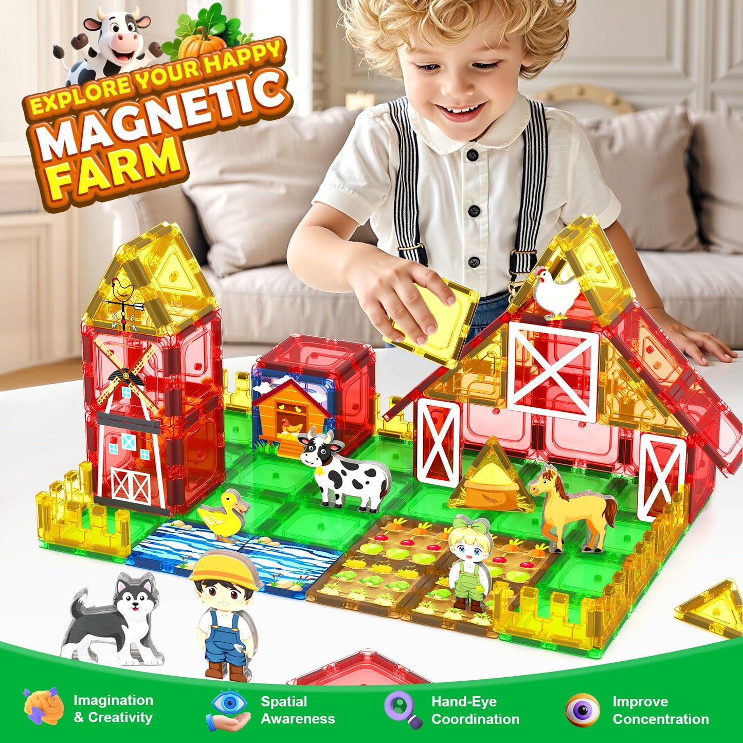 IGIVI Magnetic Tiles Farm Animals Toddler Toys, STEM Magnet Building Blocks for Kids Ages 3-5 5-7 4-8, Preschool Montessori Sensory Toys Gifts for 3+ Year Old Boys & Girls