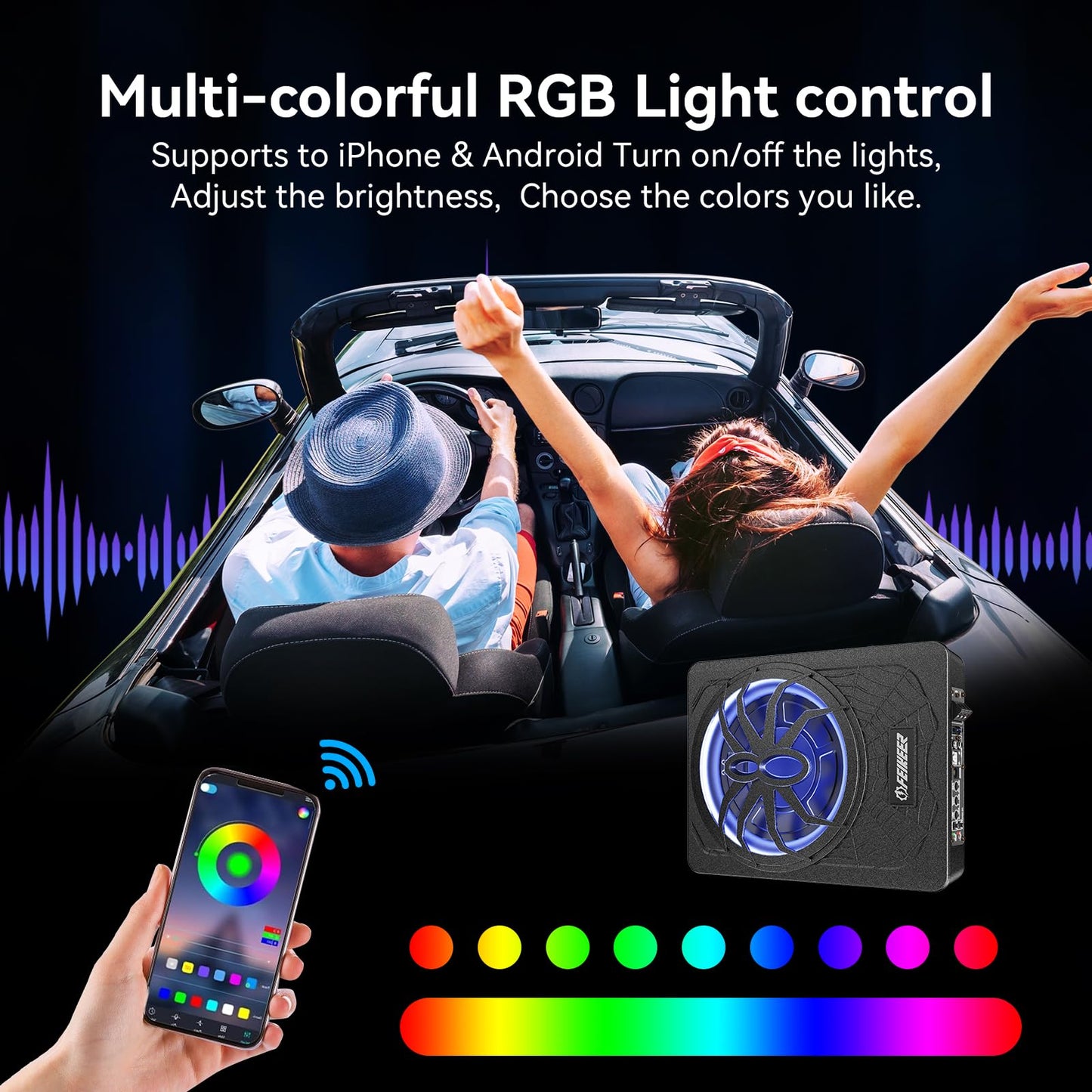 Feikeer 2026 10" 1200W UnderSeat Car Subwoofer, with Multicolor LED Lighting, Deep Bass Enhancement. Subwoofer and Amp Package for a Dynamic Driving Experience with Bass Melodies
