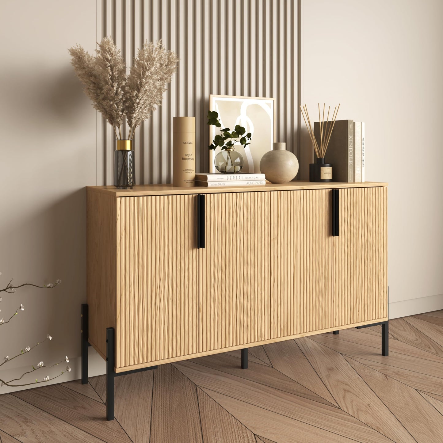 ALBSL 4 Doors Sideboard Buffet Cabinet with Adjustable Shelves, Modern Accent Sideboard with Golden Legs, Wide Storage Cabinet for Kitchen, LivingRoom,Natural