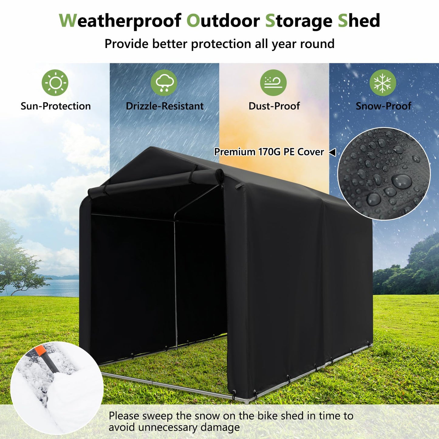 Goplus Portable Storage Shed, 7 x 5.2 x 5.4 Ft Heavy Duty Motorcycle Shed w/Roll-Up Zipper Door, Metal Frame, Waterproof Cover & Wind Rope, Outdoor Storage Tent Shelter for Bike, Garden Tools