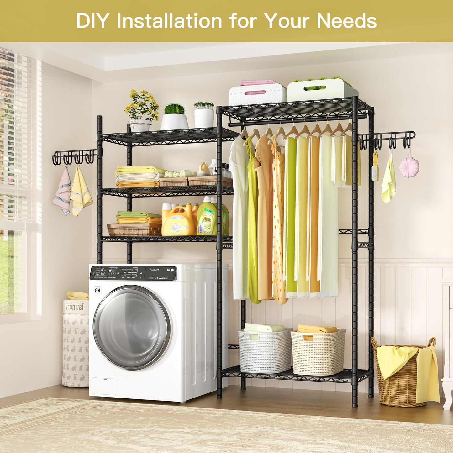 Ulif 65.3" W x 13.4" D x 77.5" H Clothes Drying Rack, 5 Tiers Over Washer and Dryer Laundry Room Storage and Organizer, Heavy-Duty Space Saver, Black