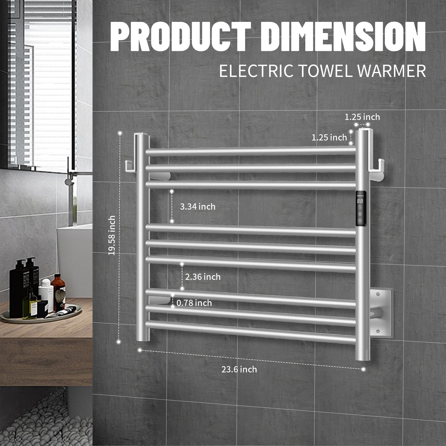 K&KALONZO Towel Warmer for Bathroom, Wall-Mounted 9-Bar Heated Towel Rack with Built-in Timer, Waterproof Electric Towel Heater, Support Plug-in and Hardwired, Brushed, EL13S
