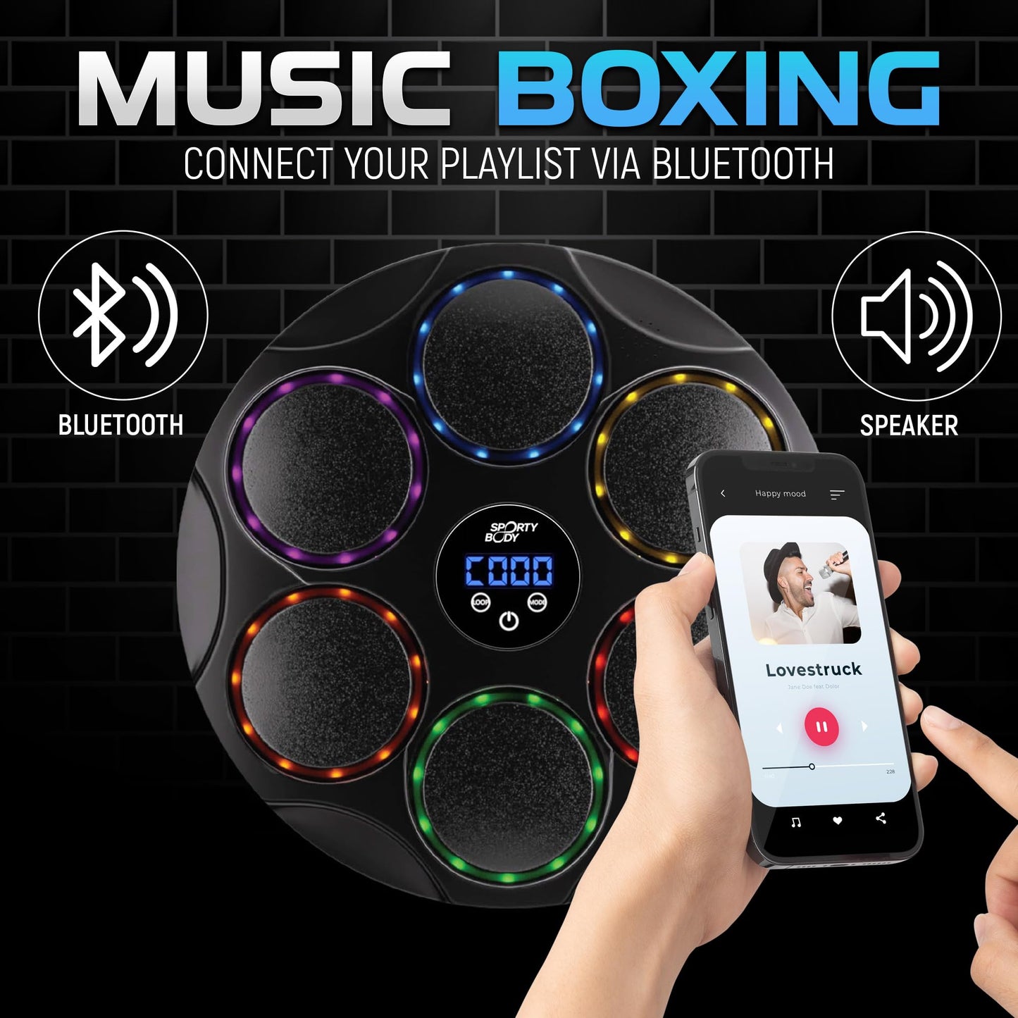 Music Boxing Beatbox Trainer by Sporty Body, 9 Speeds & 9 Light Modes, Bluetooth Sync, Auto Counting, and Durable ABS Body for Home Workouts, Supports 440lbs Punch Force, Wall Mounted Boxing Machine