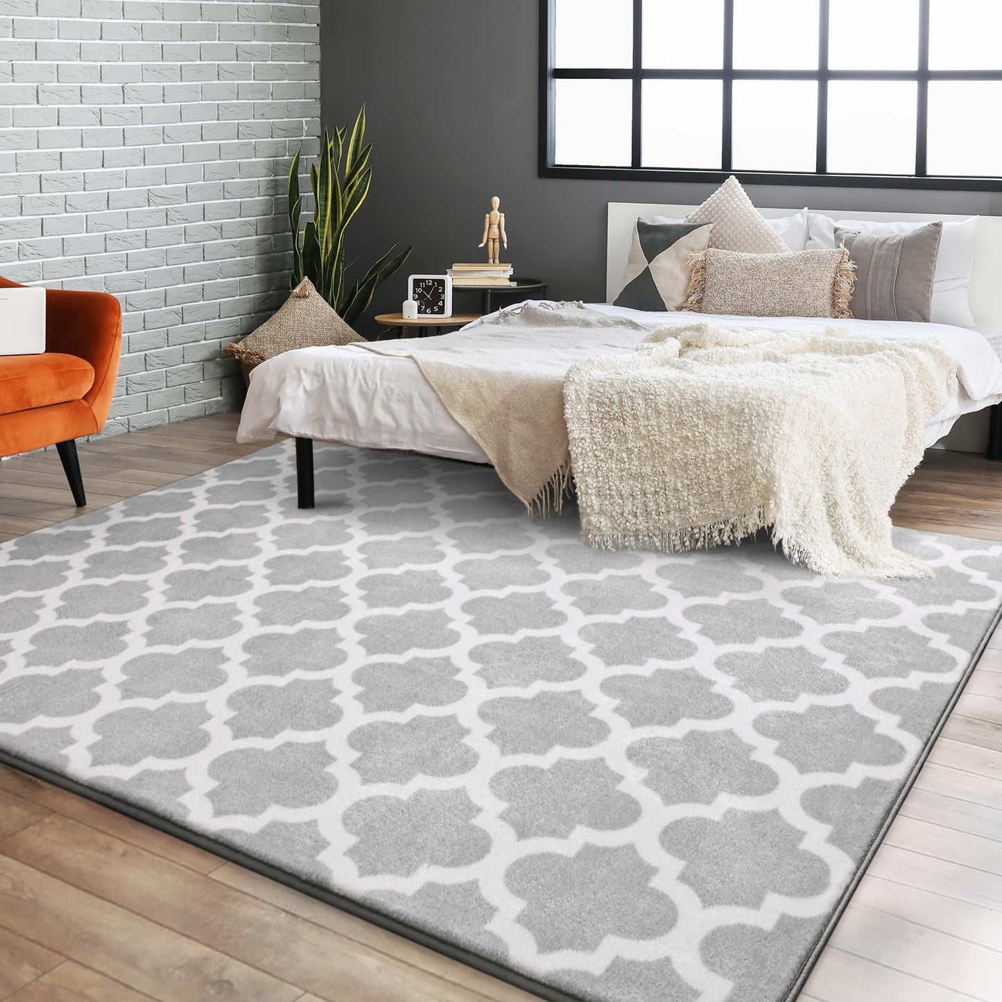 Jelymark Shag Moroccan Area Rug for Living Room, 8x10 Feet Modern Geometric Rug, Fluffy Distressed Faux Wool Floor Carpet, Memory Foam Rug for Bedroom Nursery Kids Room Home Decor, Light Grey/White
