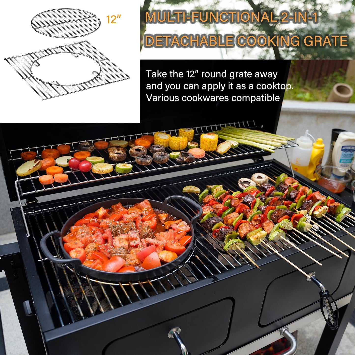 ONLYFIRE GRILLS Extra Large BBQ Charcoal Grill with Cover, 794 SQ.IN Cooking Area, Heavy Duty Outdoor Barbecue Grill with 2 Individual Lifting Charcoal Tray and 2 Side Tables, Sturdy Wheels, GS339