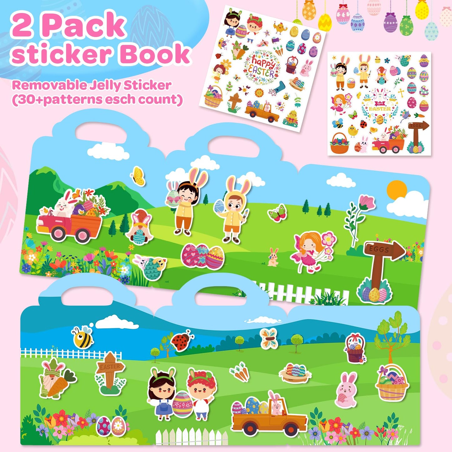 Officygnet 2 Sets Easter Reusable Sticker Books for Kids, Activity Books for Toddlers, Arts and Crafts Removable Jelly Stickers for Kids Ages 3-5, Easter Toys Gifts Basket Stuffers Essentials for Kid