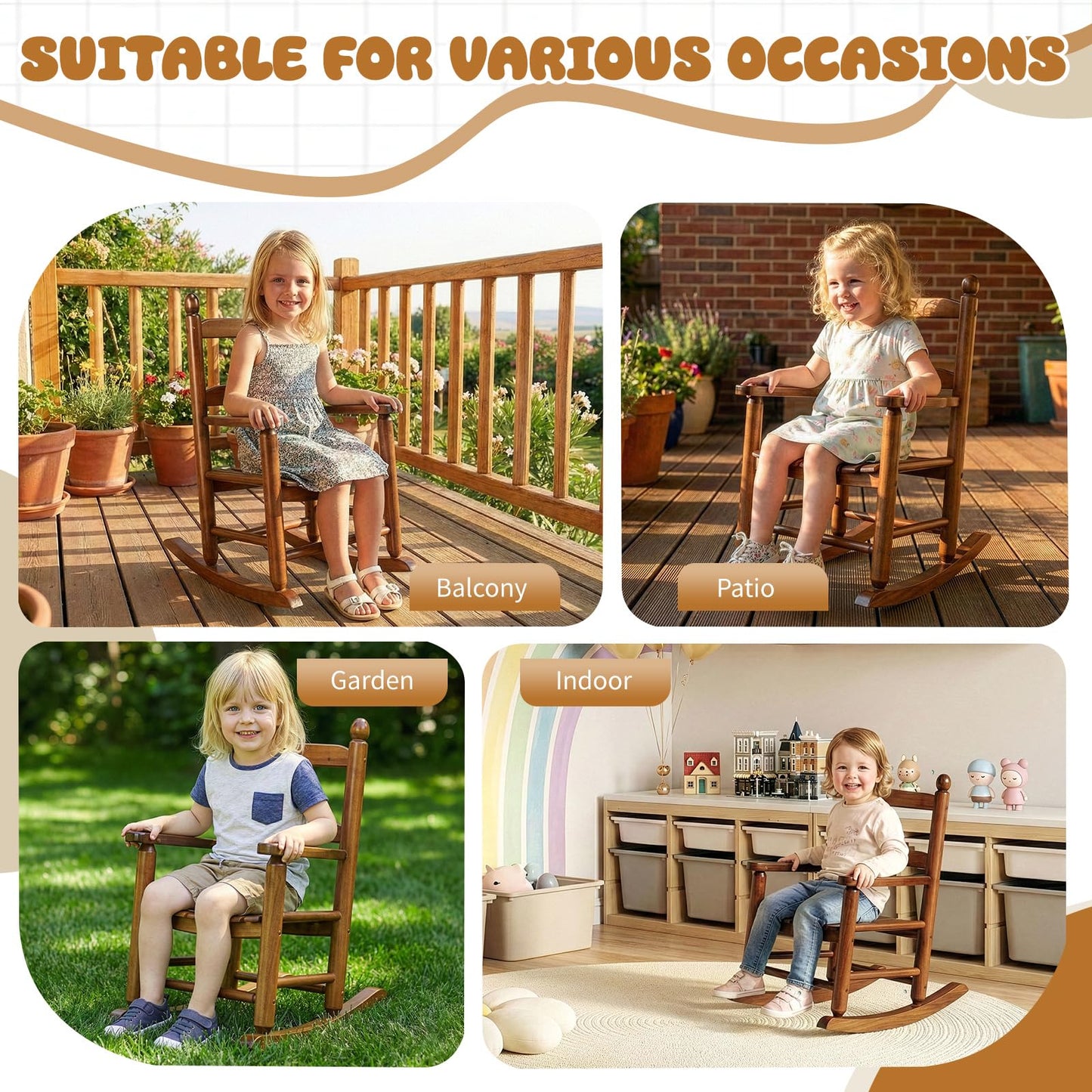 Outvita Kids Rocking Chair, Ergonomic Sturdy Toddler Rocking Chair with High Backrest & Rounded Armrests, Safe Solid Wood Baby Rocker Chair for Age 3-6, Outdoor, Living Room, Reading Room(Brown)