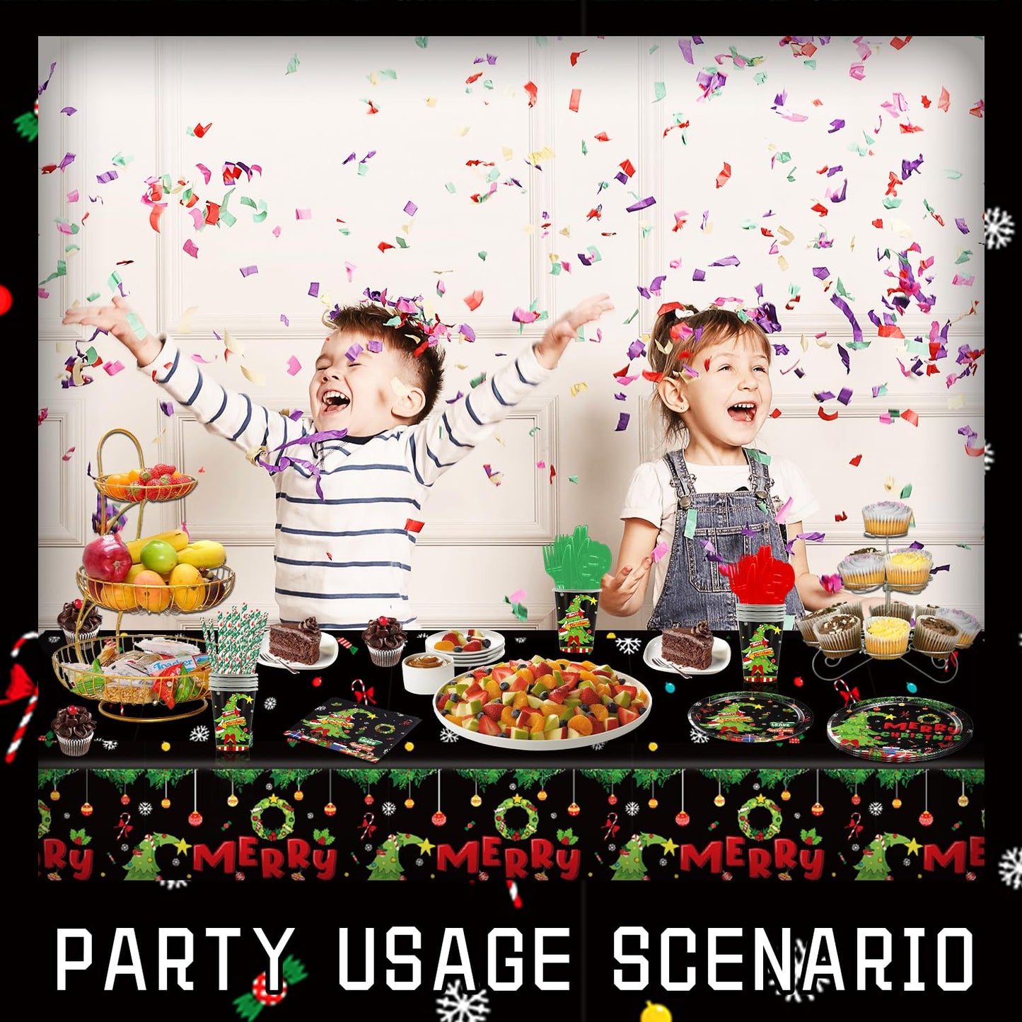 Christmas Novelty Party Tableware Set - Serves 25 Holiday Party Supplies, Disposable Plates, Tablecloth, Cups, Forks, Spoons, Knife, Napkins Dinnerware Utensils for Black Winter New Year Party