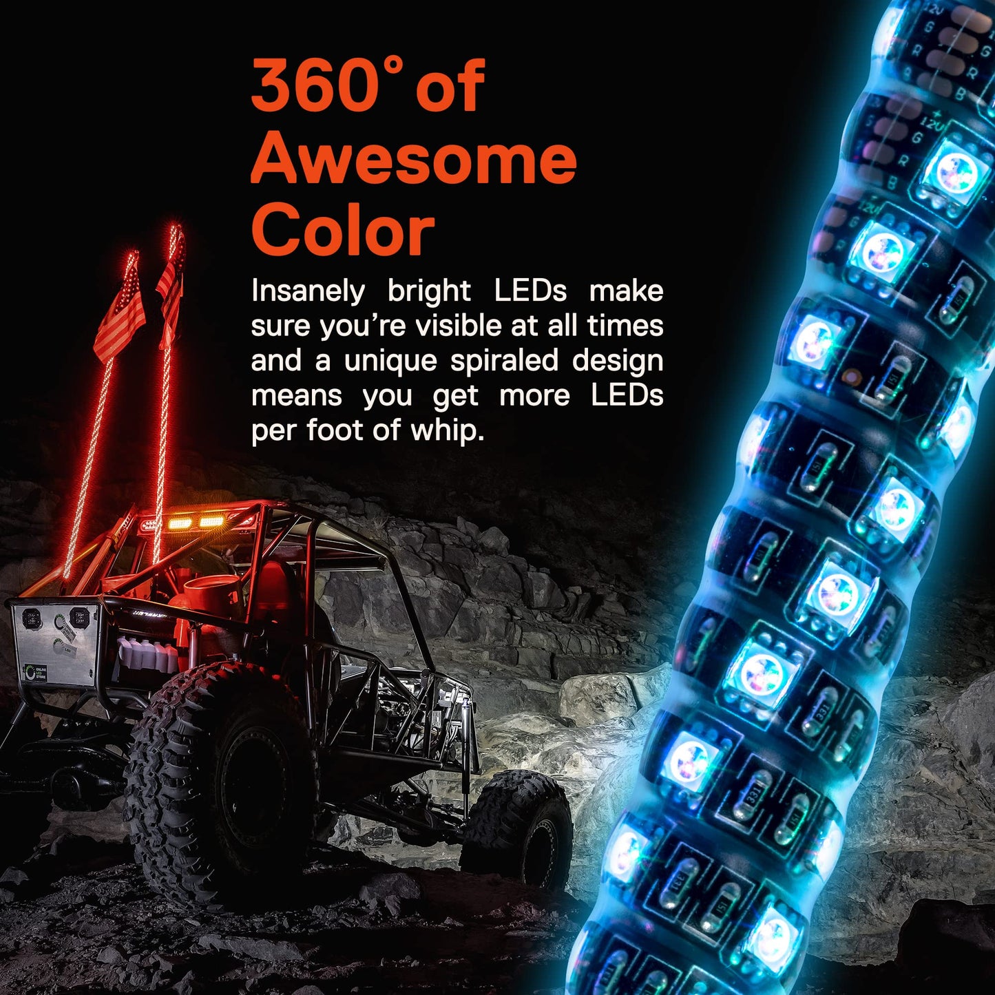 True Mods 2pc 4ft Spiral RGB LED Whip Light for UTV ATV [RF Wireless Remote] Flag Waterproof LED Lighted Whip CB Antenna Pole Stick for RZR Can-Am Polaris SxS 4x4 Quad Dune Buggy 4 Wheeler Accessories