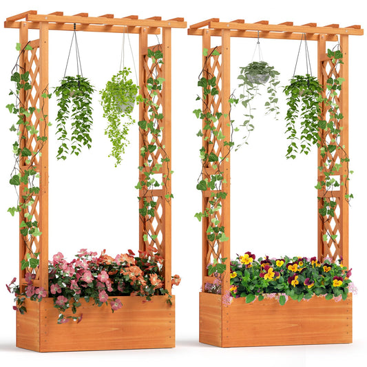 Giantex Set of 2 Raised Garden Bed with 2-Sided Trellis & Hanging Roof, Fir Wood Planter Box w/Drainage Holes, Bottom Gaps, Freestanding Garden Planter for Flowers Herbs Climbing Vines (31"x12.5"x60")