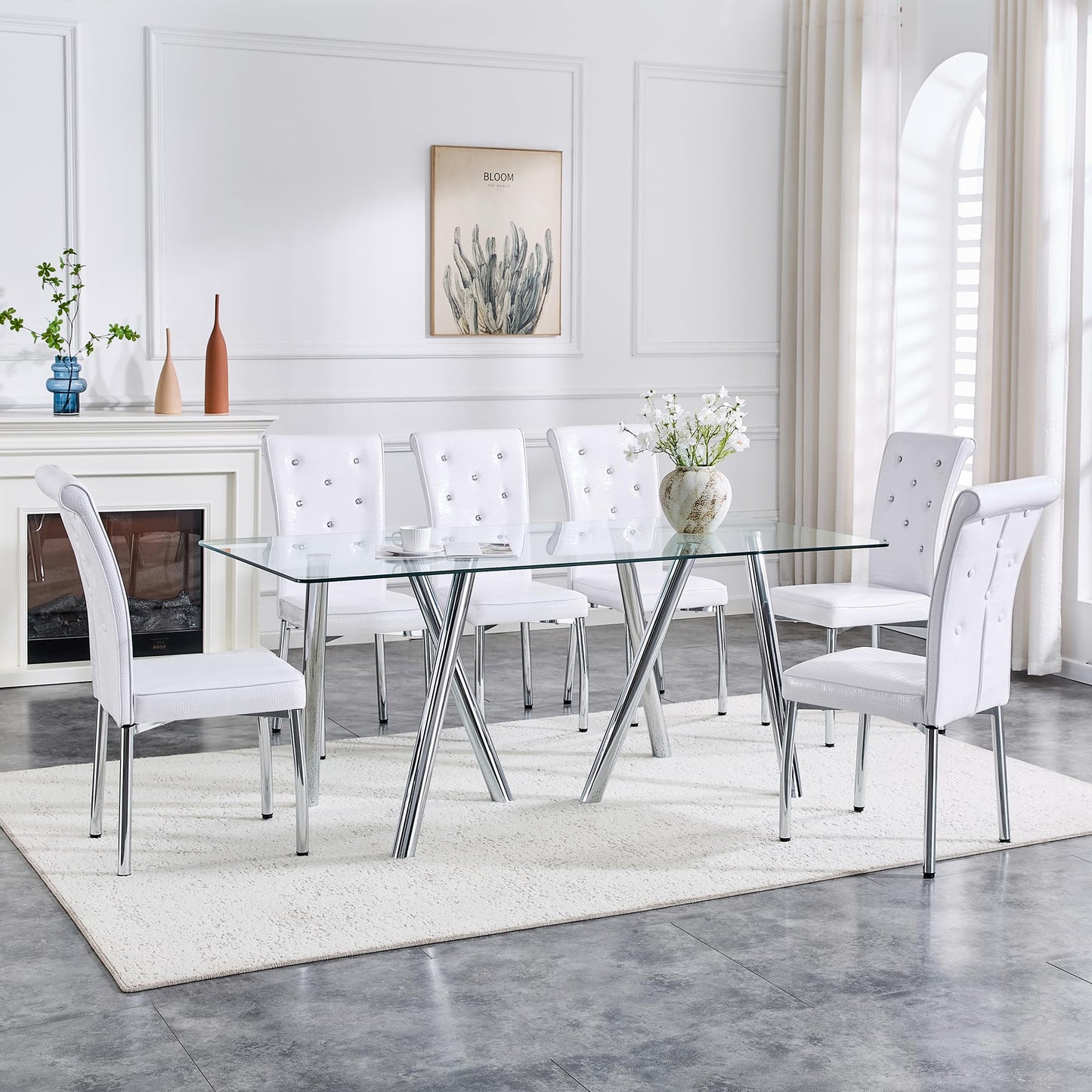 Vohward 71" Glass Dining Table Set for 6, 7 Piece Modern Tempered Glass Dining Room Table with 6 White Upholstered Chairs, Rectangular Kitchen Table Set with Chrome Metal Legs, 400 lb Capacity