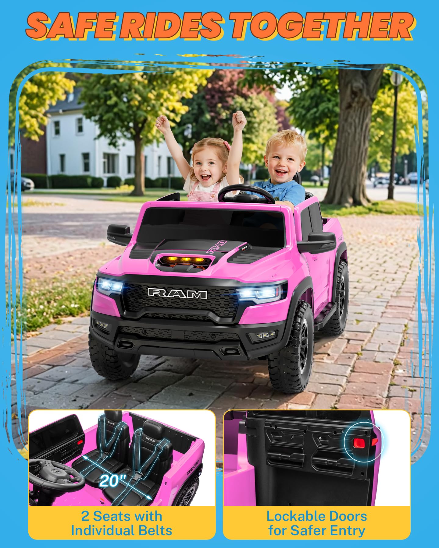 ENYOPRO 24 Volt Ride on Toys for Girls, Licensed RAM 1500 RHO 2 Seater Electric Car w/Remote Control, Kids Electric Vehicles w/Working Truck Tailgate, Suspension, Music, LED Lights (Pink - High Door)
