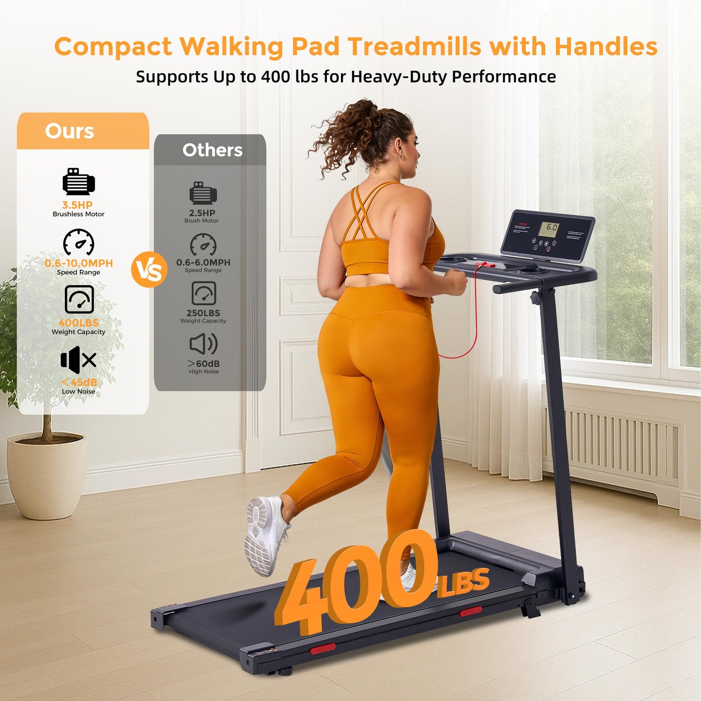 POTUPUS Walking Pad with Handle Bar, 0.6-10MPH Walking Pad Treadmill for Home Small, 3.5HP Portable Small Running Treadmill with Handles, Big Screen, 400LBS