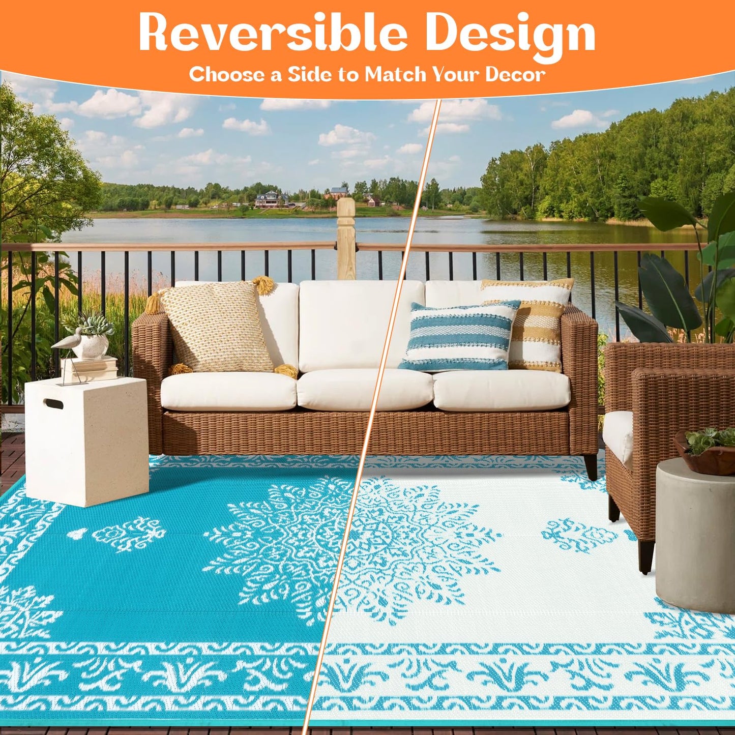 Outdoor Rug 5x8 Ft, Waterproof Plastic Straw Patio Rug, Reversible Backyard Carpet UV Resistant Portable RV Mat Clearance, Large Indoor Outdoor Rug for Patio, Porch, Deck, Balcony, Teal