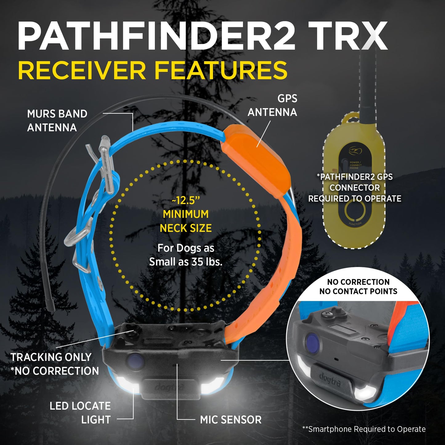 Dogtra Pathfinder 2 TRX Additional Receiver Only Dog GPS Tracker LED Light Blue Collar SmartWatch Compatible Rechargeable Waterproof Free Offline Maps No Monthly Subscription Fee Smartphone Required