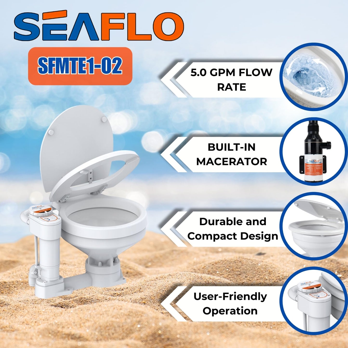 SEAFLO 12V Electric Twist Flush Marine Toilet Boating Head