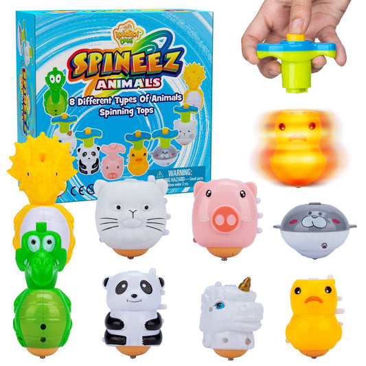 IPIDIPI TOYS Spineez Animal Light Up Spinning Tops – 8 Cute LED Spinners for Kids – Ideal Birthday Party Favors, Goodie Bag Stuffers, School Prizes, Classroom Rewards for Boys & Girls