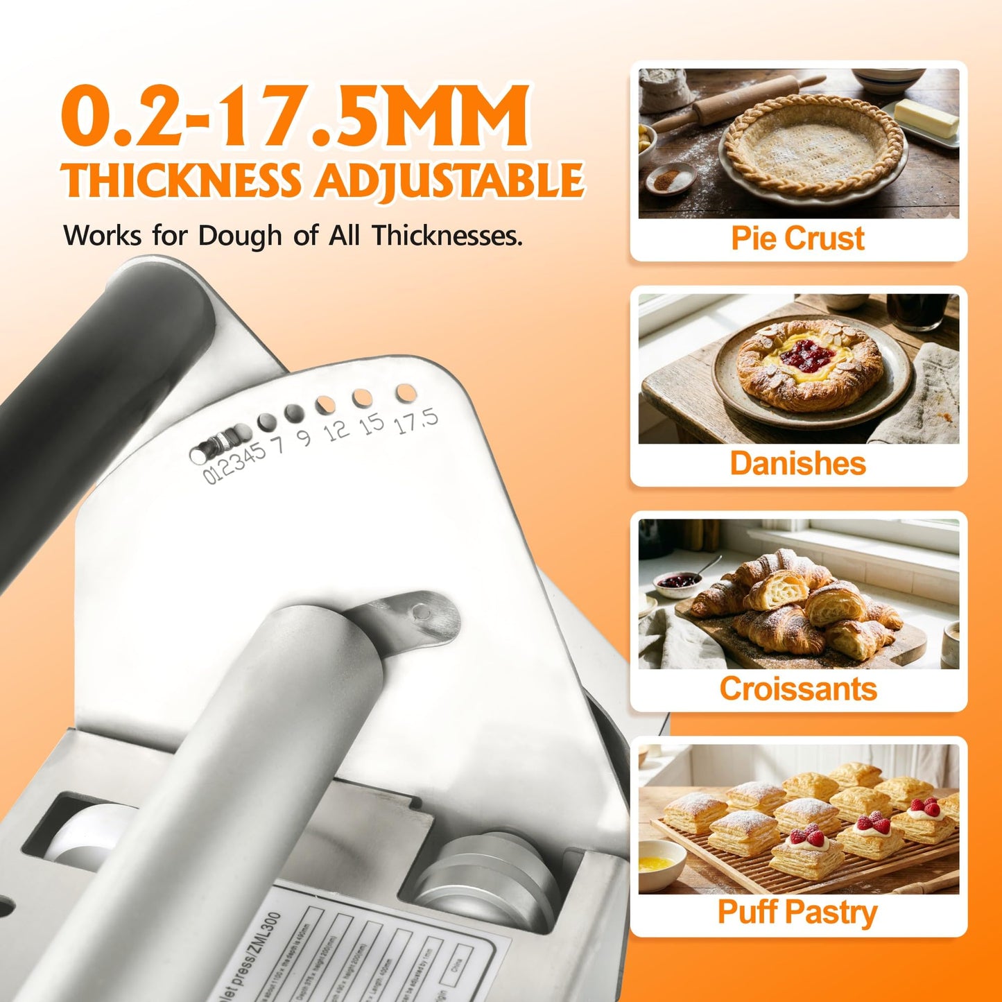 HESMAX 12" Dough Sheeter Machine, Upgraded Stainless Steel Dough Roller with 1 Dough Sheeter Machine and 2 PE Rolling Boards, 0.2-17.5mm Precise Thickness Adjustable, for Home & Commercial Use 5i2