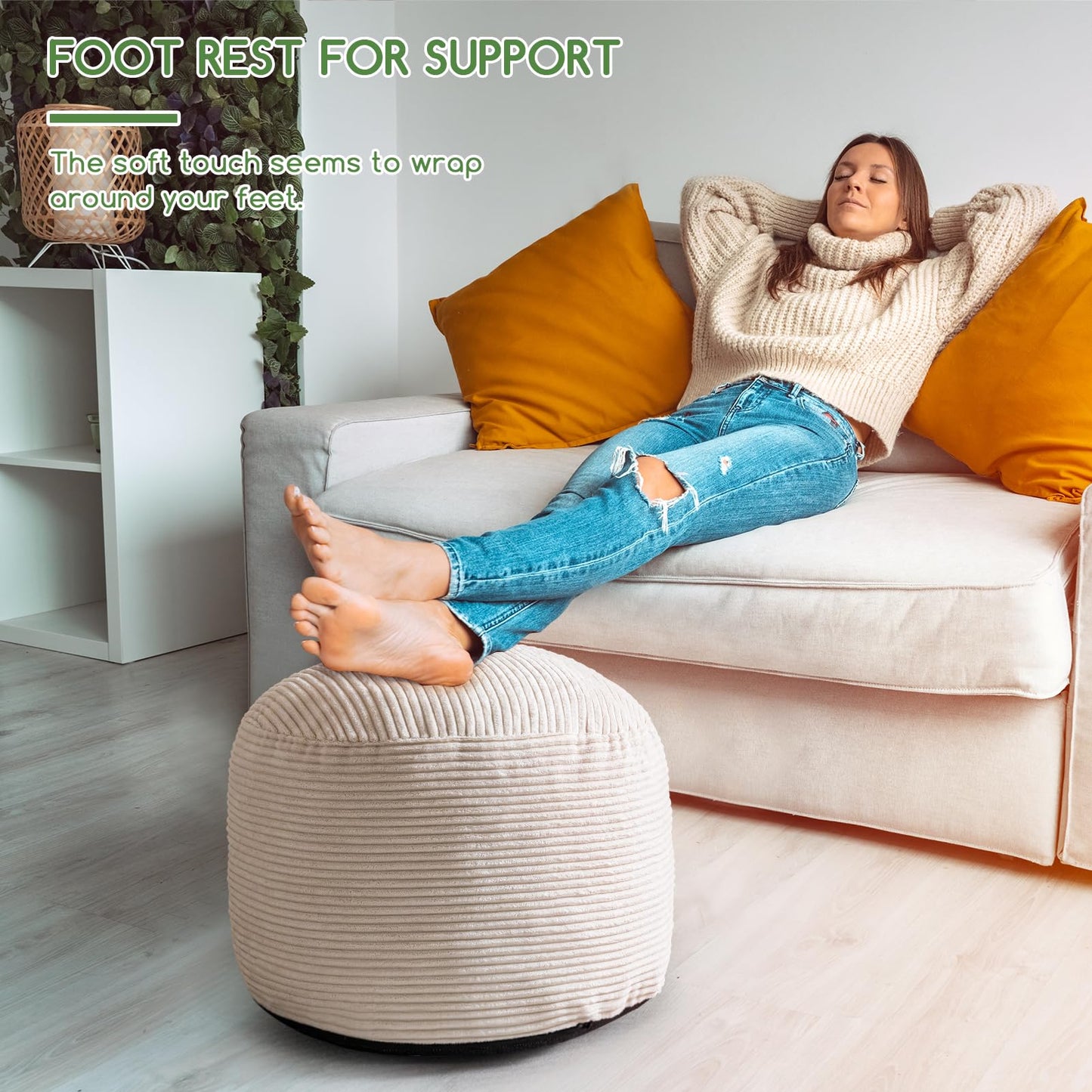 HIGOGOGO Round Stuffed Pouf Ottoman, Corduroy Poufs with Foam Chunk Filling, Furry and Fluffy Pouf Foot Stool Storage Ottoman, 20 X 15 Floor Poufs Foot Rest for Living Room, Beige